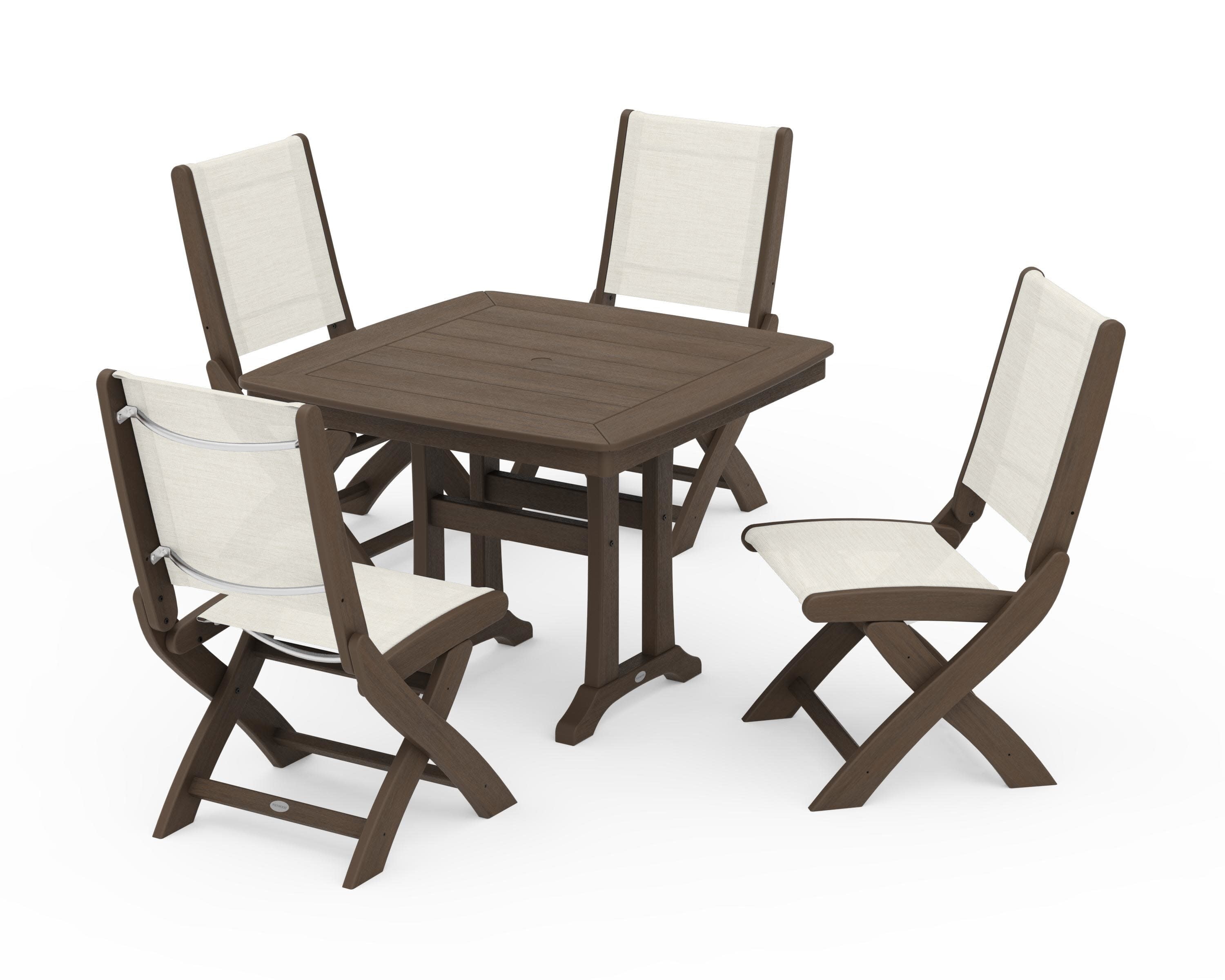 Coastal Folding Side Chair 5-Piece Dining Set with Trestle Legs in Kona / Parchment Sling