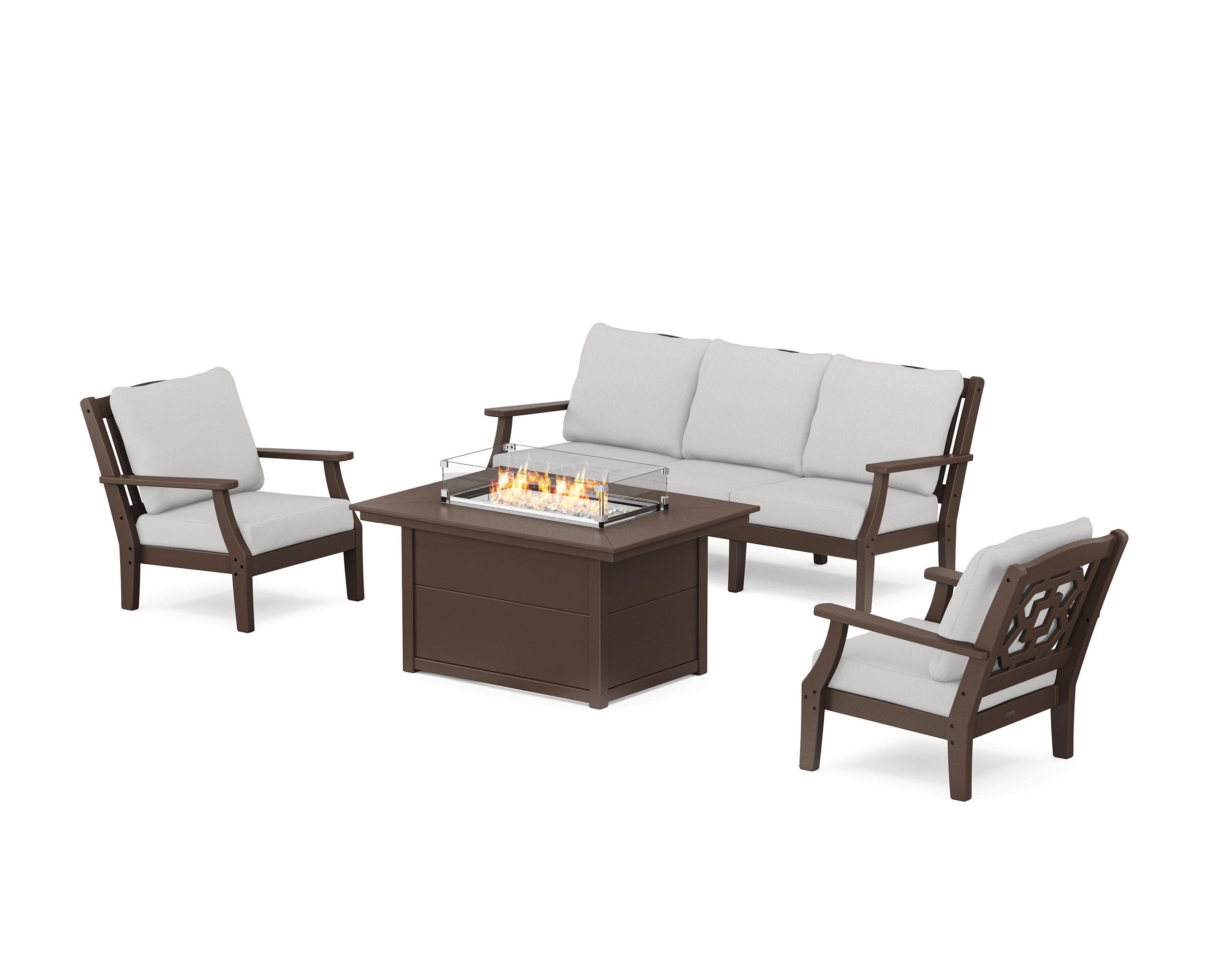 Chinoiserie Deep Seating Fire Pit Table Set in Mahogany / Diamond in the Rough