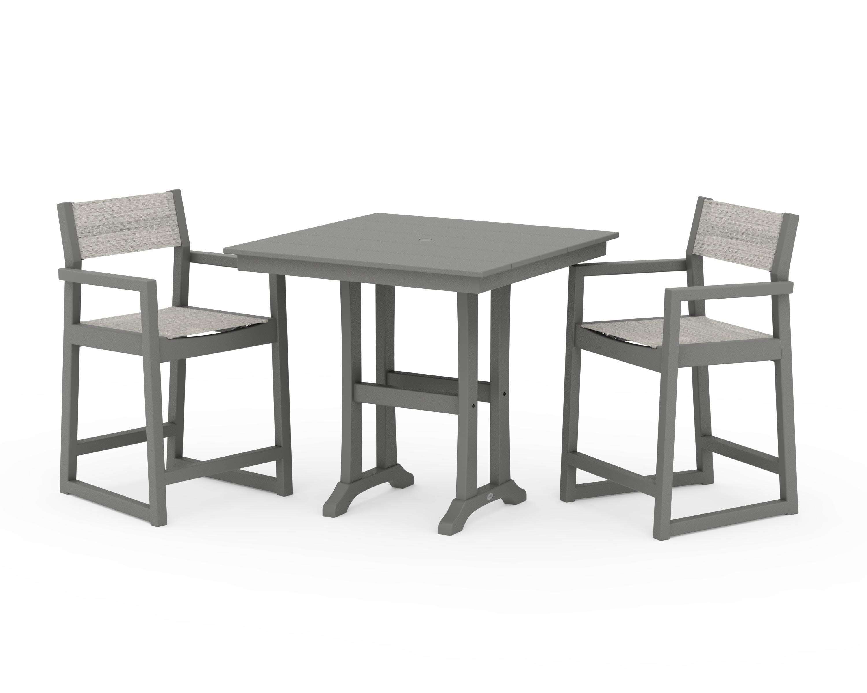 EDGE Sling Arm Chair 3-Piece Farmhouse Counter Set with Trestle Legs in Slate Grey / Birch Sling