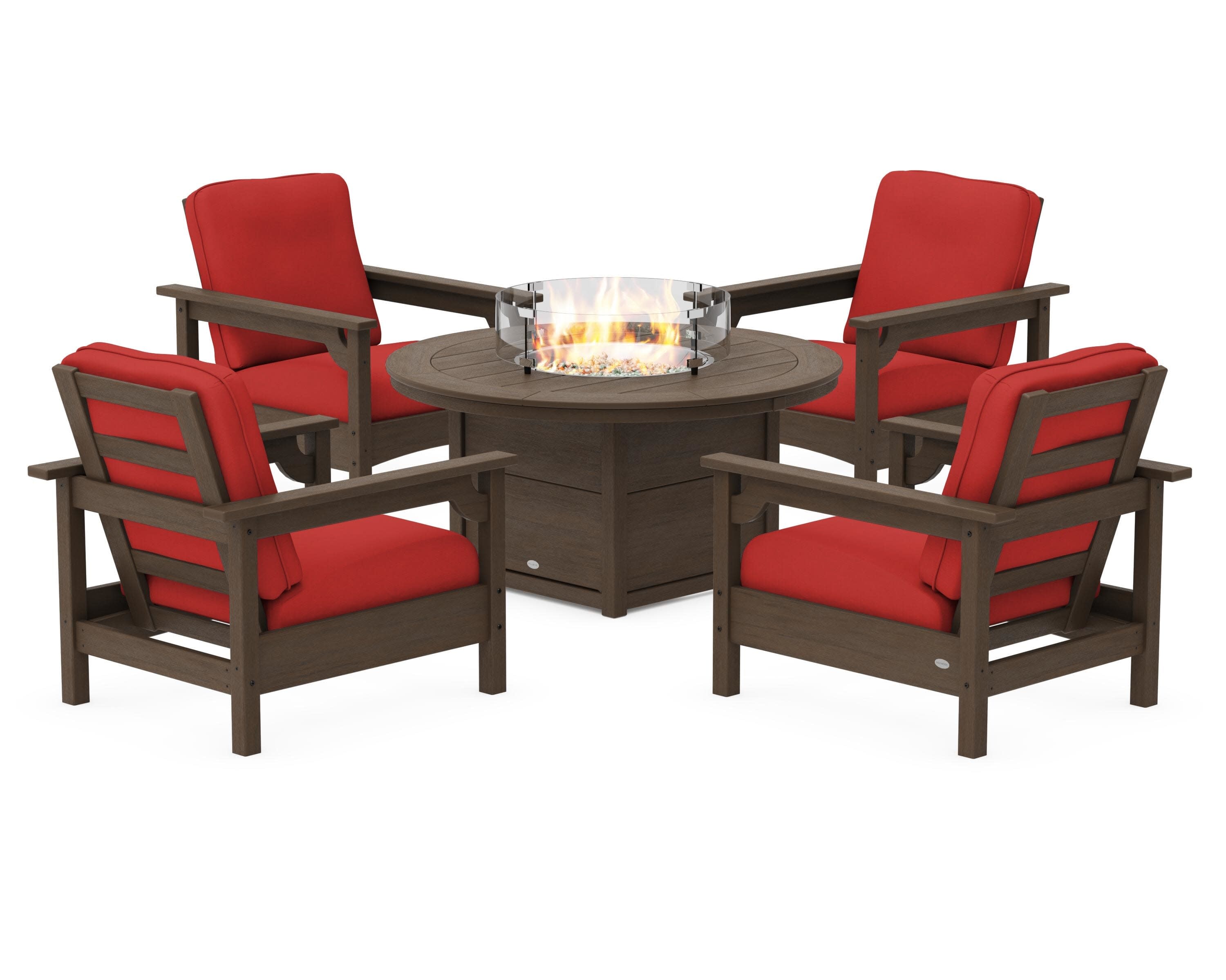 Club 5-Piece Conversation Set with Fire Pit Table in Kona / Crimson Linen