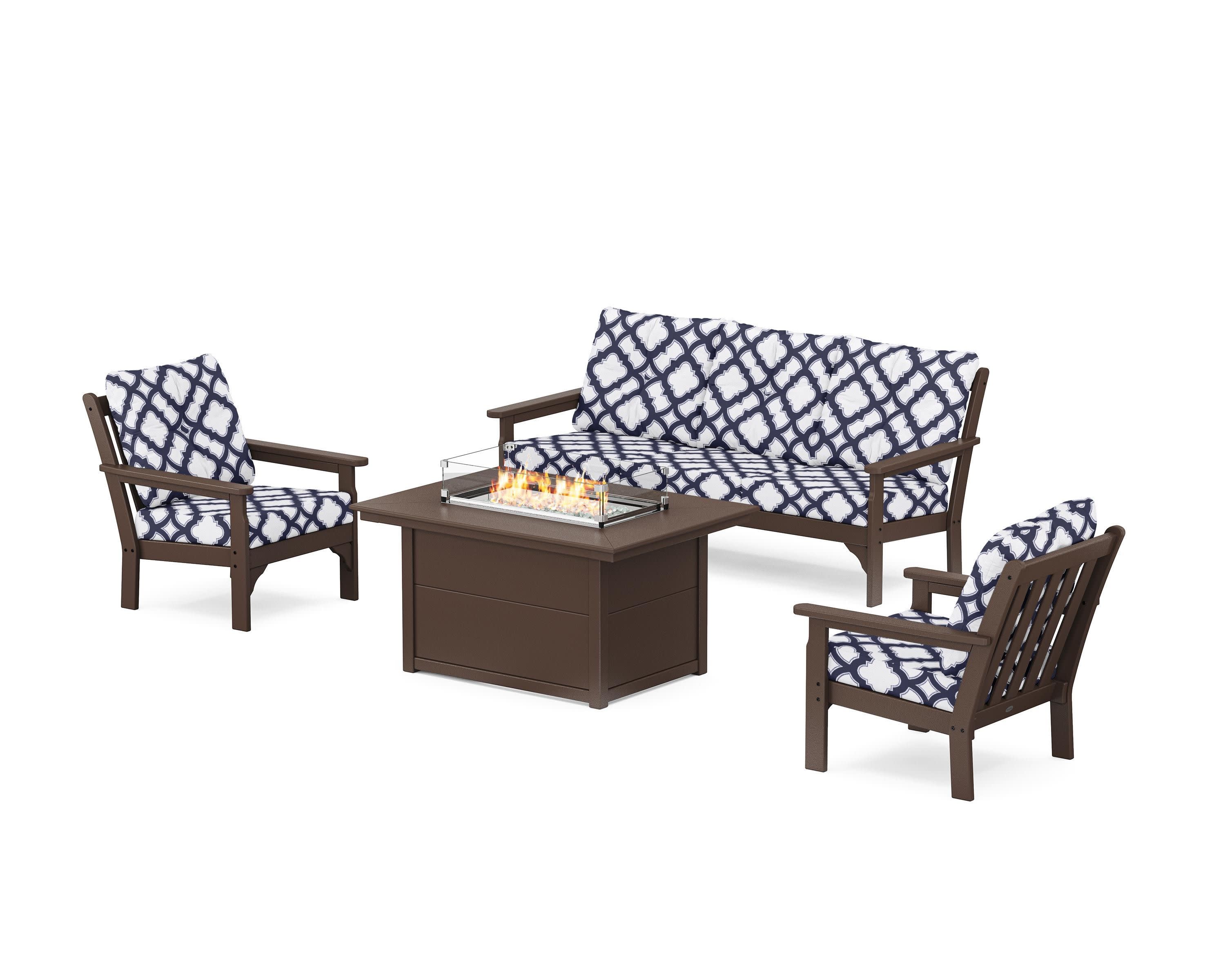 Vineyard Deep Seating Fire Pit Table Set in Mahogany / Trellis Navy