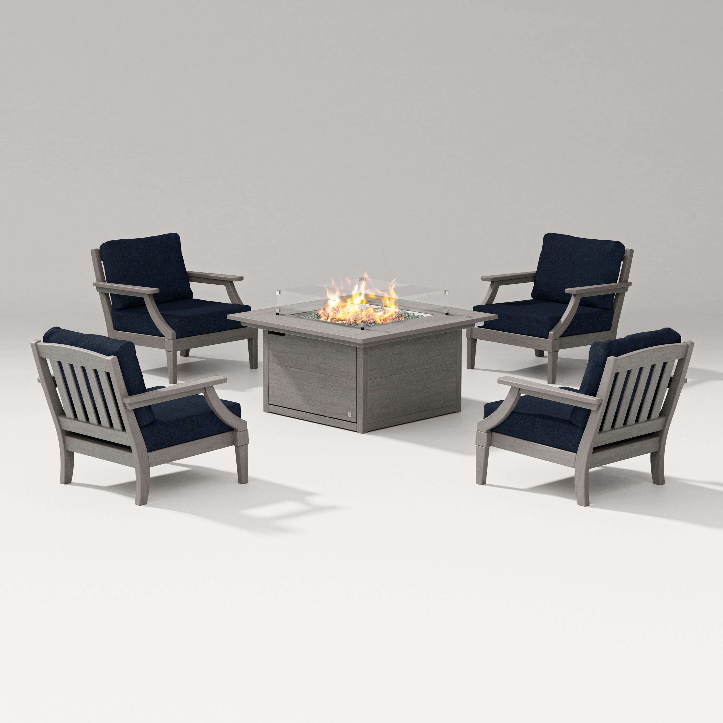 Estate 5-Piece Lounge Fire Table Set in Driftwood / Marine Indigo