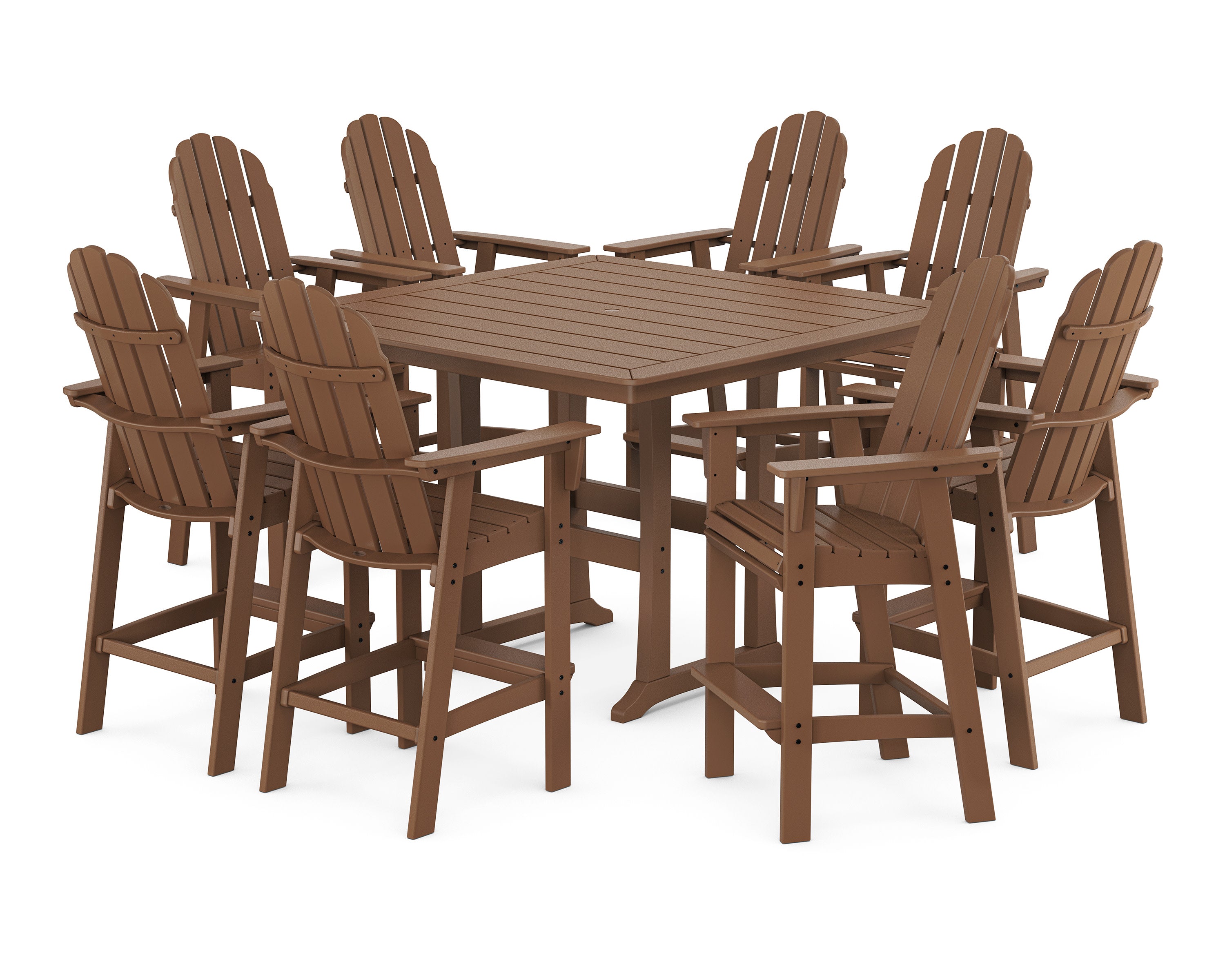 Vineyard Curveback Adirondack 9-Piece Trestle Bar Set in Teak