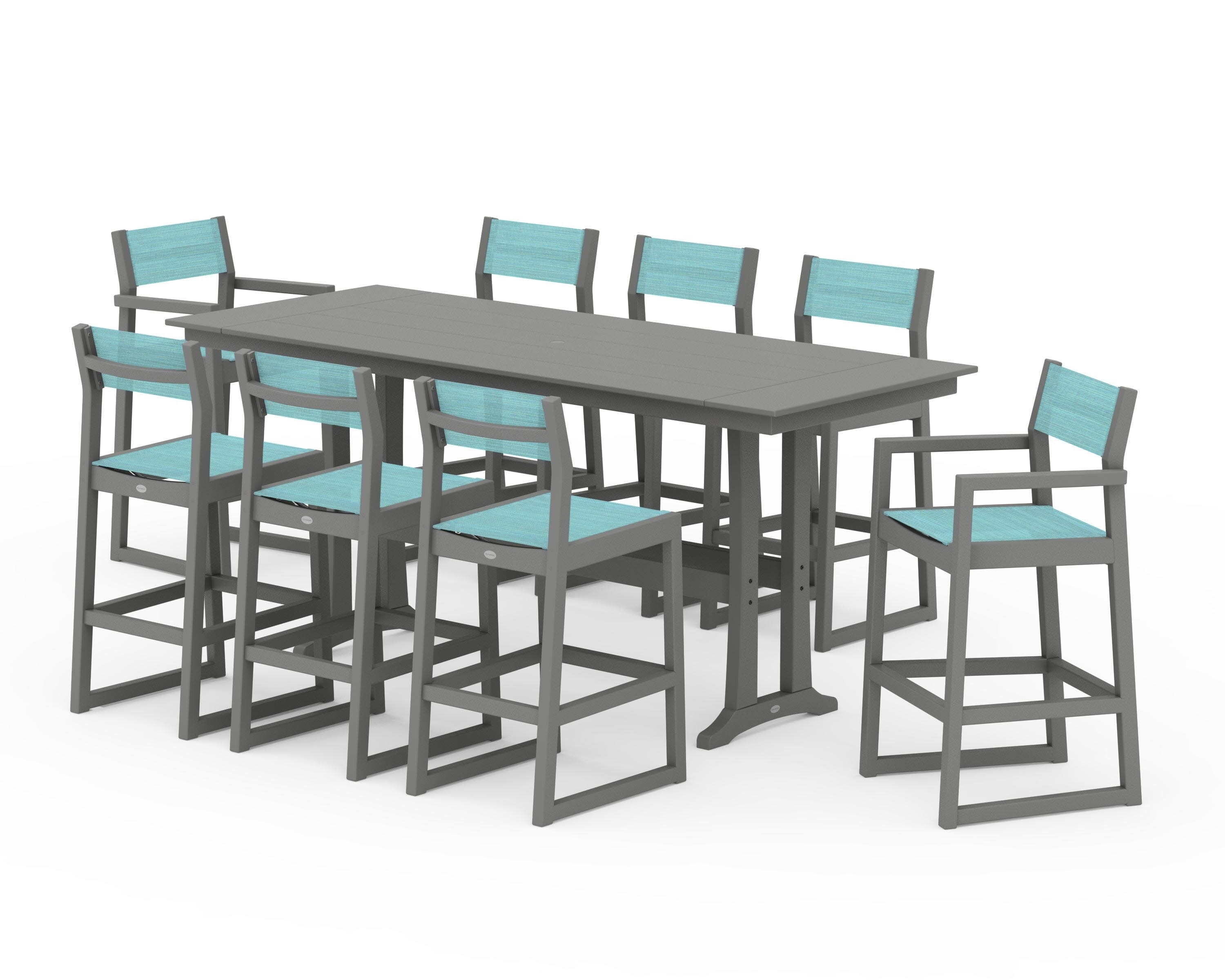EDGE Sling 9-Piece Farmhouse Bar Set with Trestle Legs in Slate Grey / Dupioni Aquamarine Sling