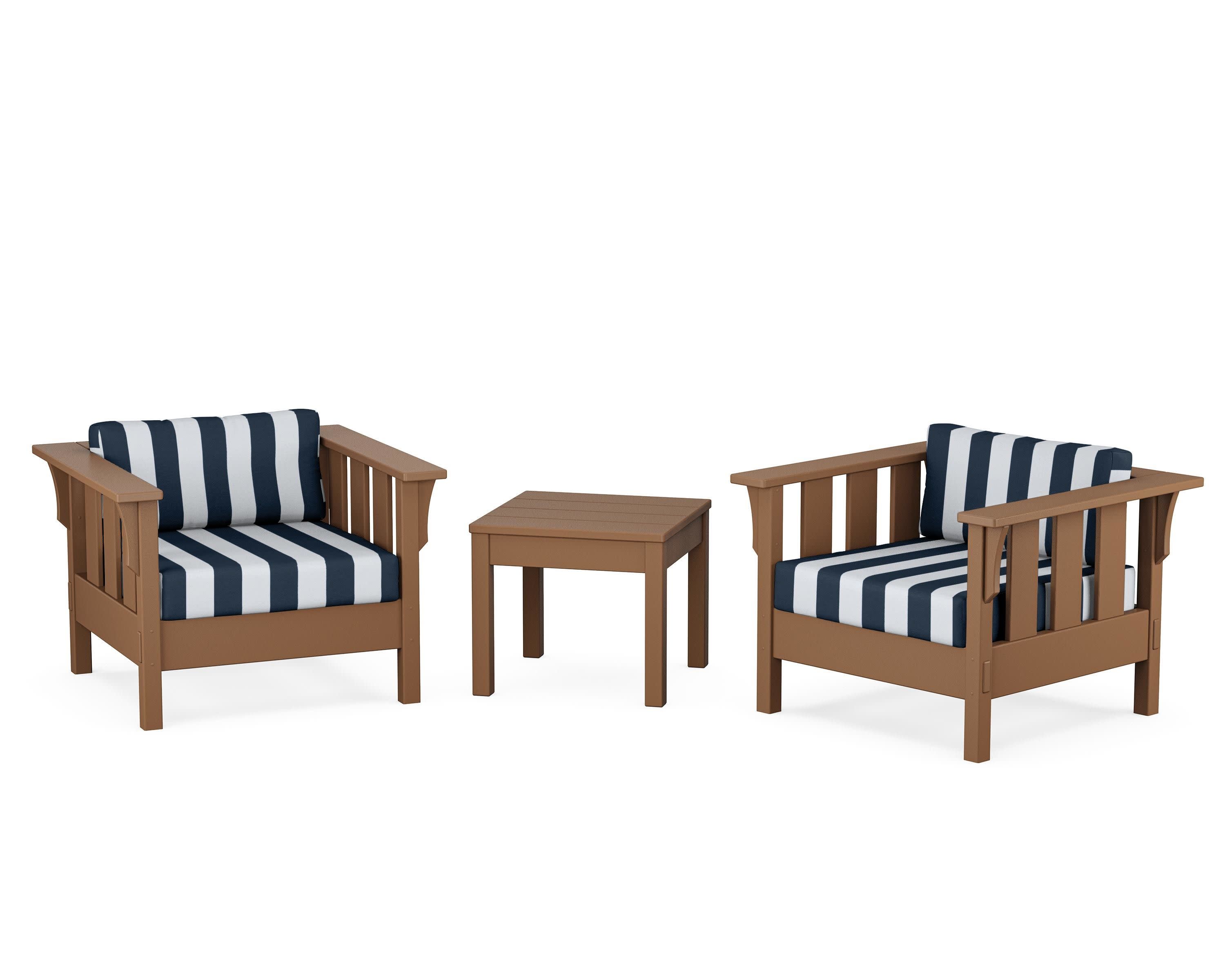 Acadia 3-Piece Deep Seating Set in Teak / Cabana Stripe Marine Indigo