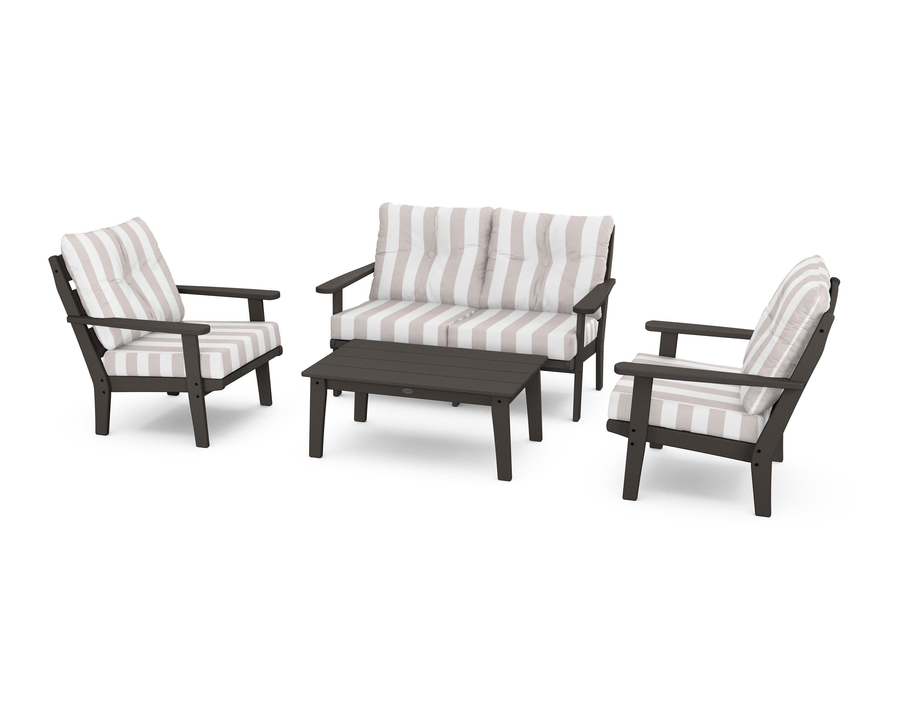 Lakeside 4-Piece Deep Seating Set in Vintage Coffee / Cabana Stripe Dune Burlap