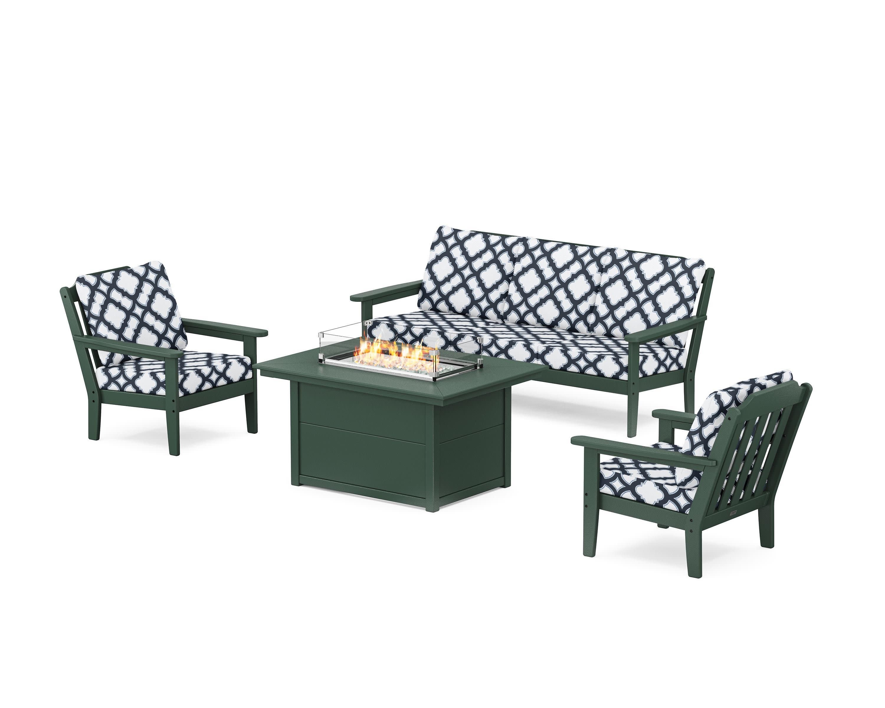 Cottage Deep Seating Fire Pit Table Set in Green / Trellis Marine Indigo