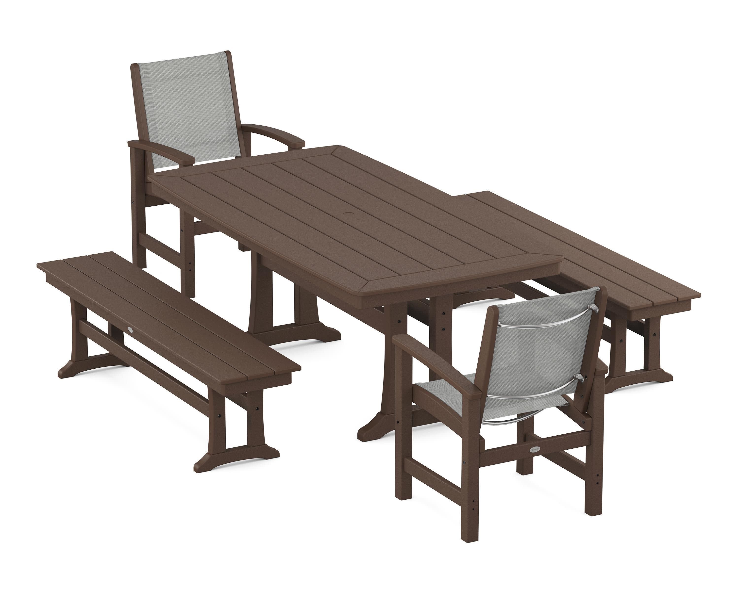 Coastal 5-Piece Dining Set with Trestle Legs and Benches in Mahogany / Metallic Sling