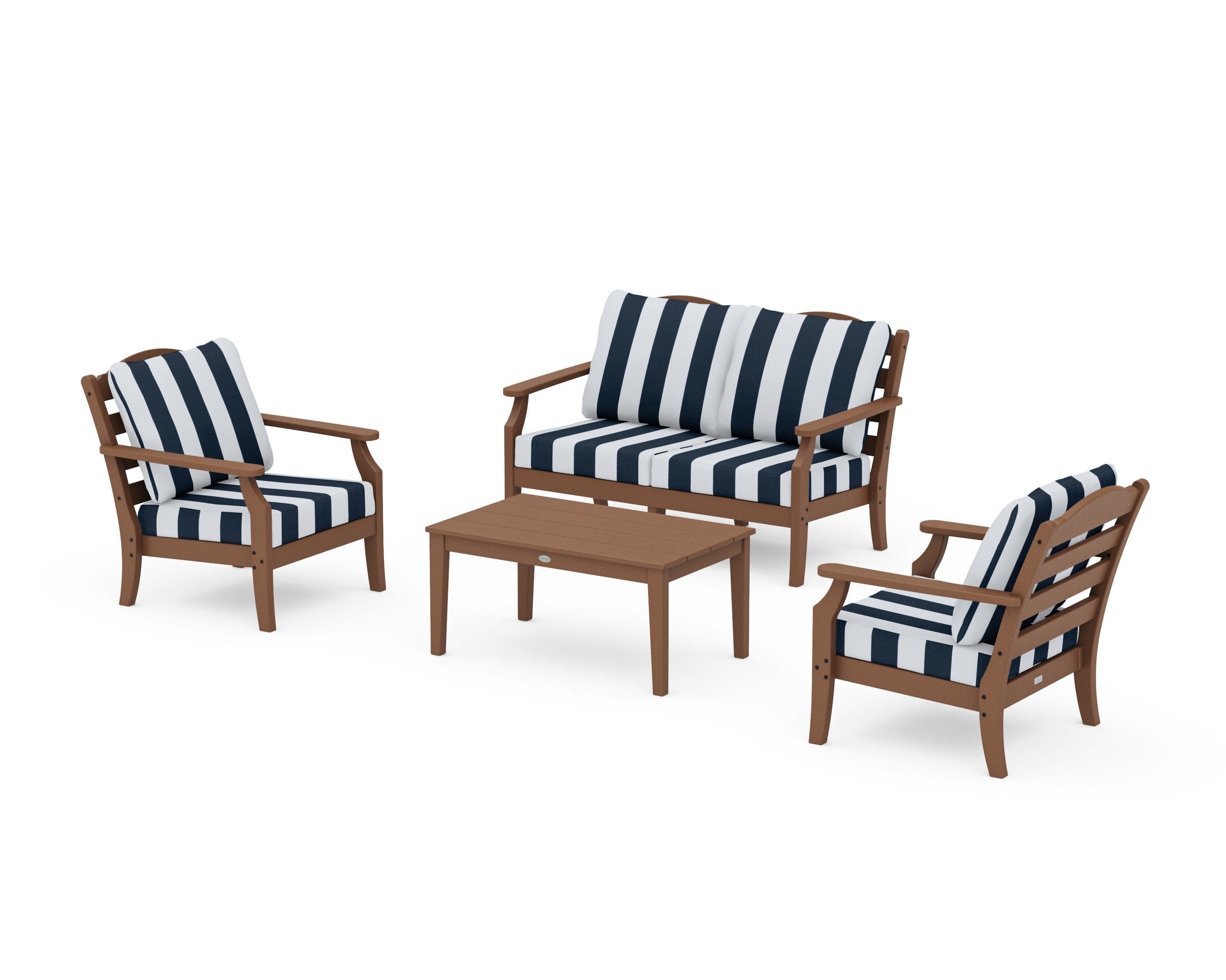 Savannah 4-Piece Deep Seating Set with Loveseat in Teak / Cabana Stripe Marine Indigo