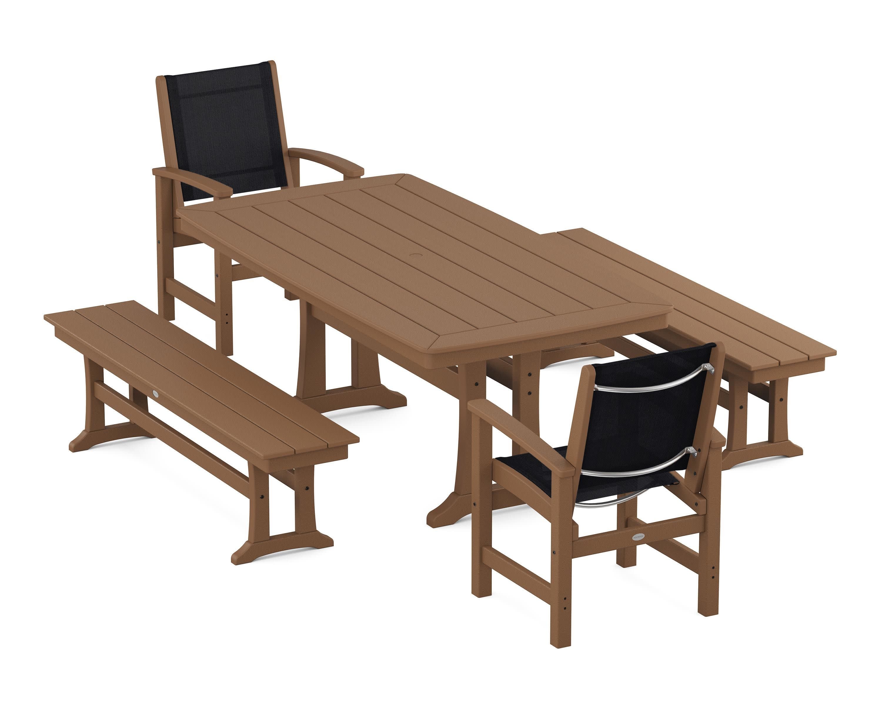 Coastal 5-Piece Dining Set with Trestle Legs and Benches in Teak / Black Sling