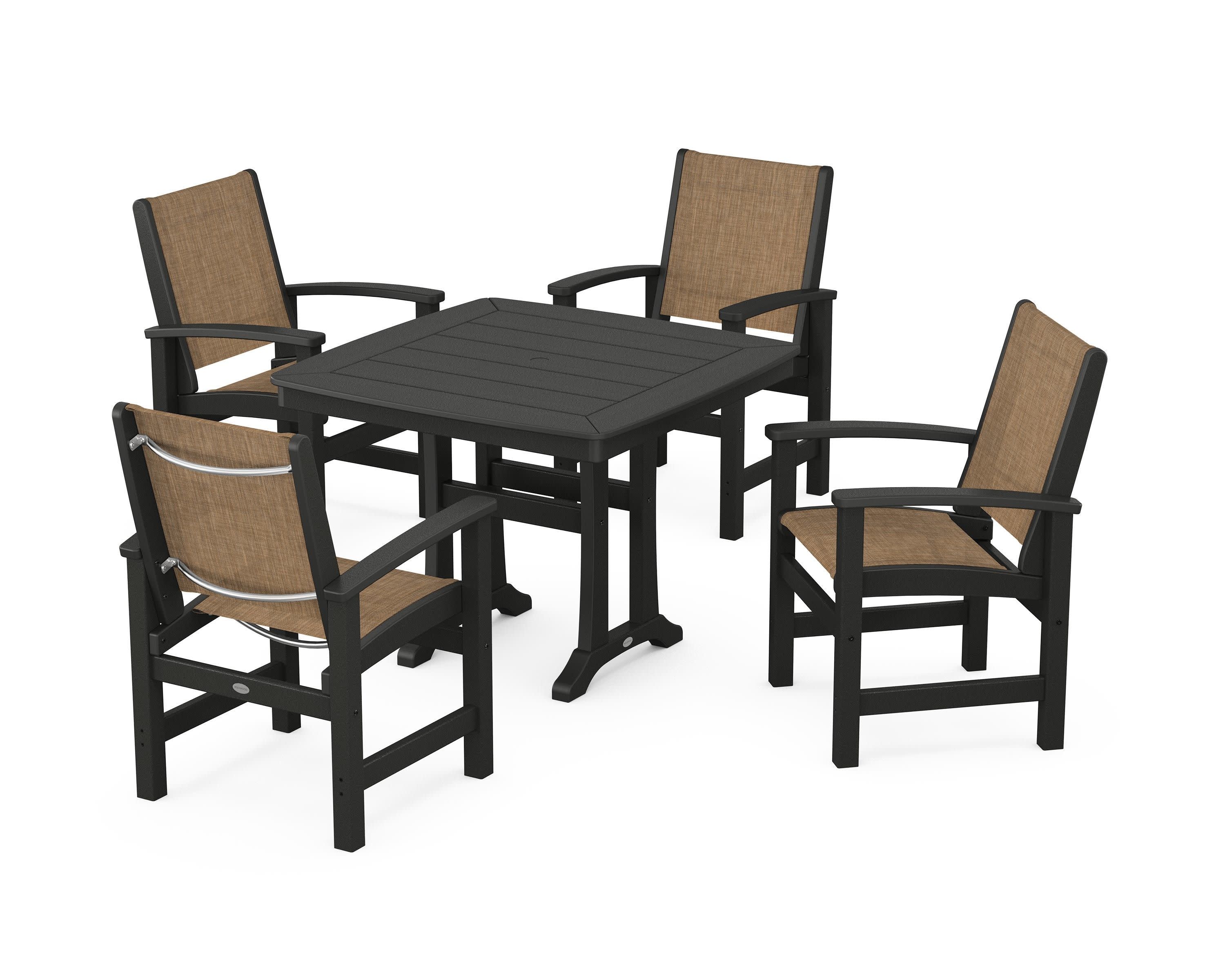 Coastal 5-Piece Dining Set with Trestle Legs in Black / Burlap Sling