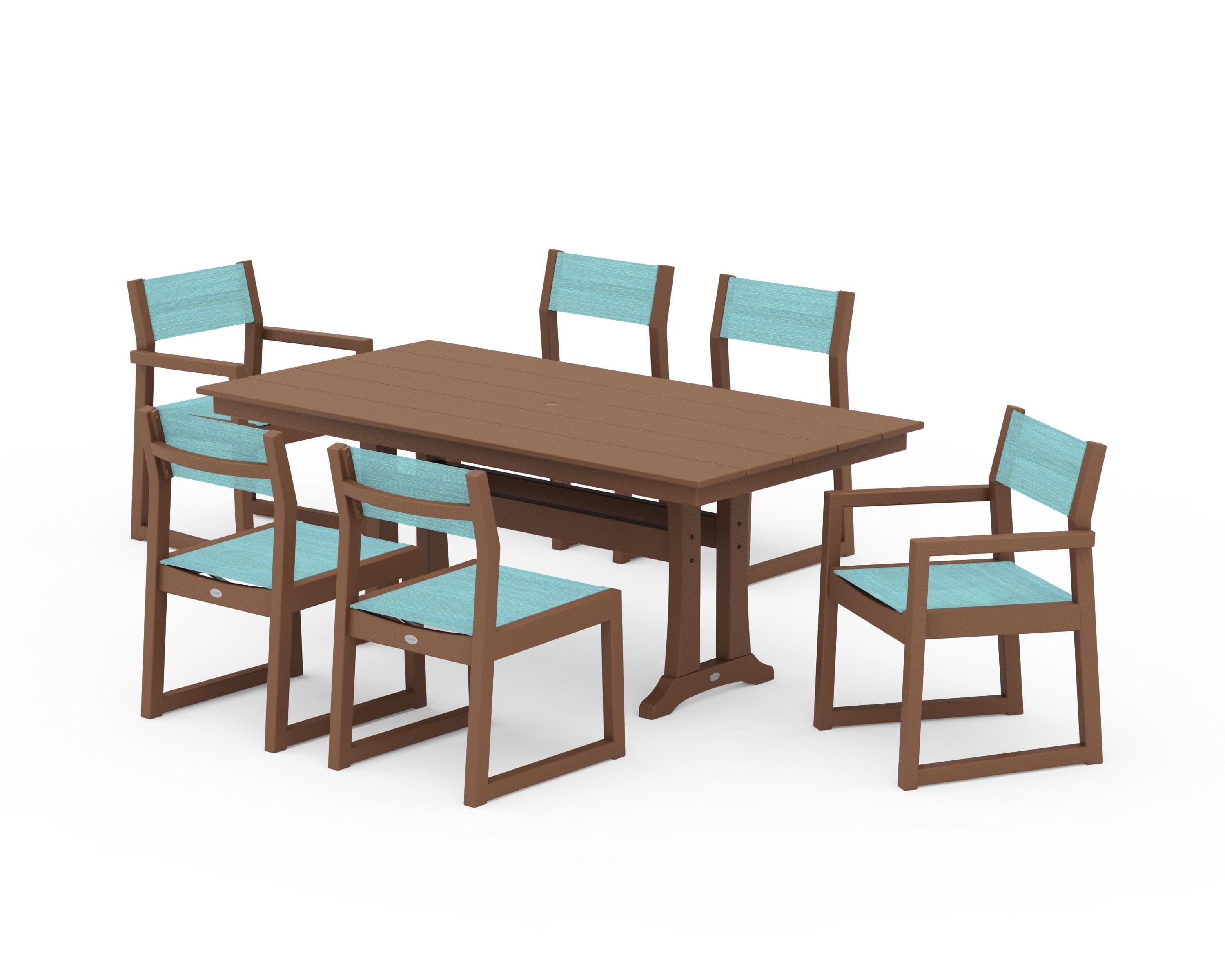 EDGE Sling 7-Piece Farmhouse Trestle Dining Set in Teak / Dupioni Aquamarine Sling