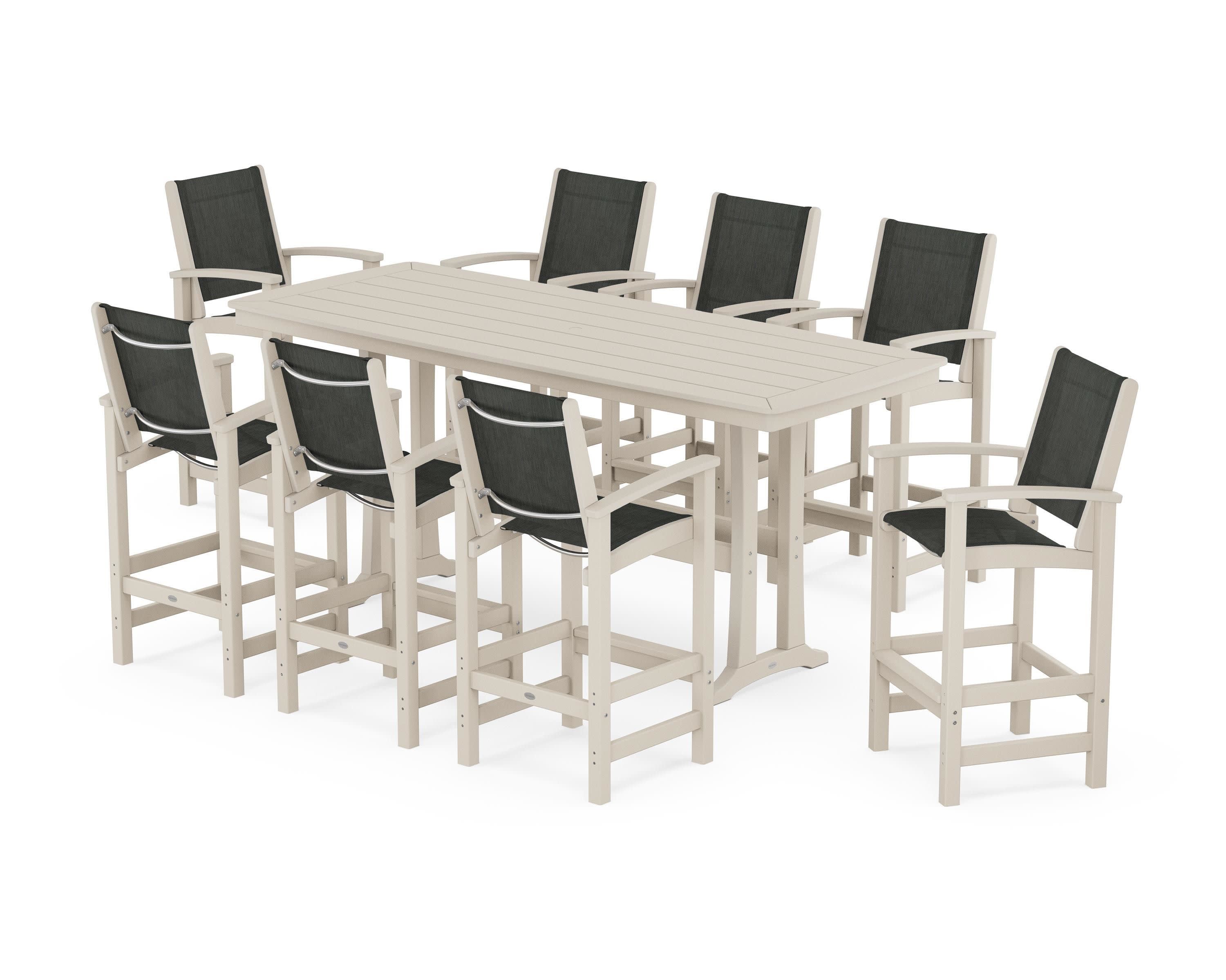 Coastal 9-Piece Bar Set with Trestle Legs in Sand / Ember Sling