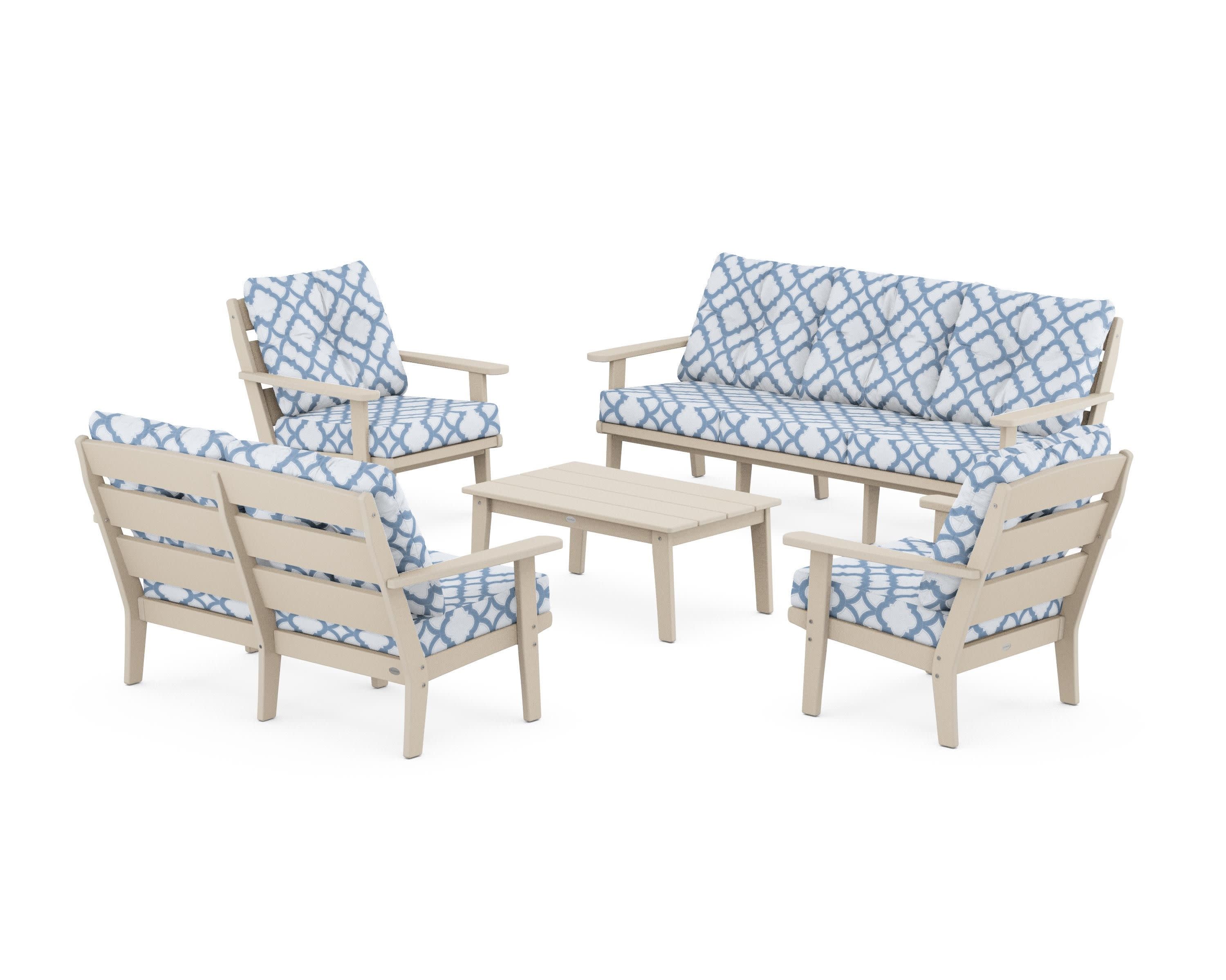 Lakeside 5-Piece Lounge Sofa Set in Sand / Trellis Sky Blue