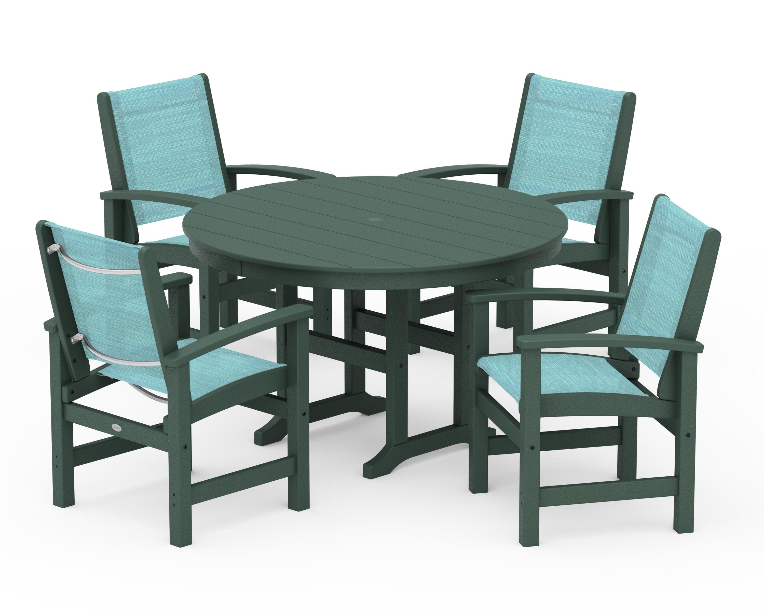 Coastal 5-Piece Round Farmhouse Dining Set in Green / Dupioni Aquamarine Sling