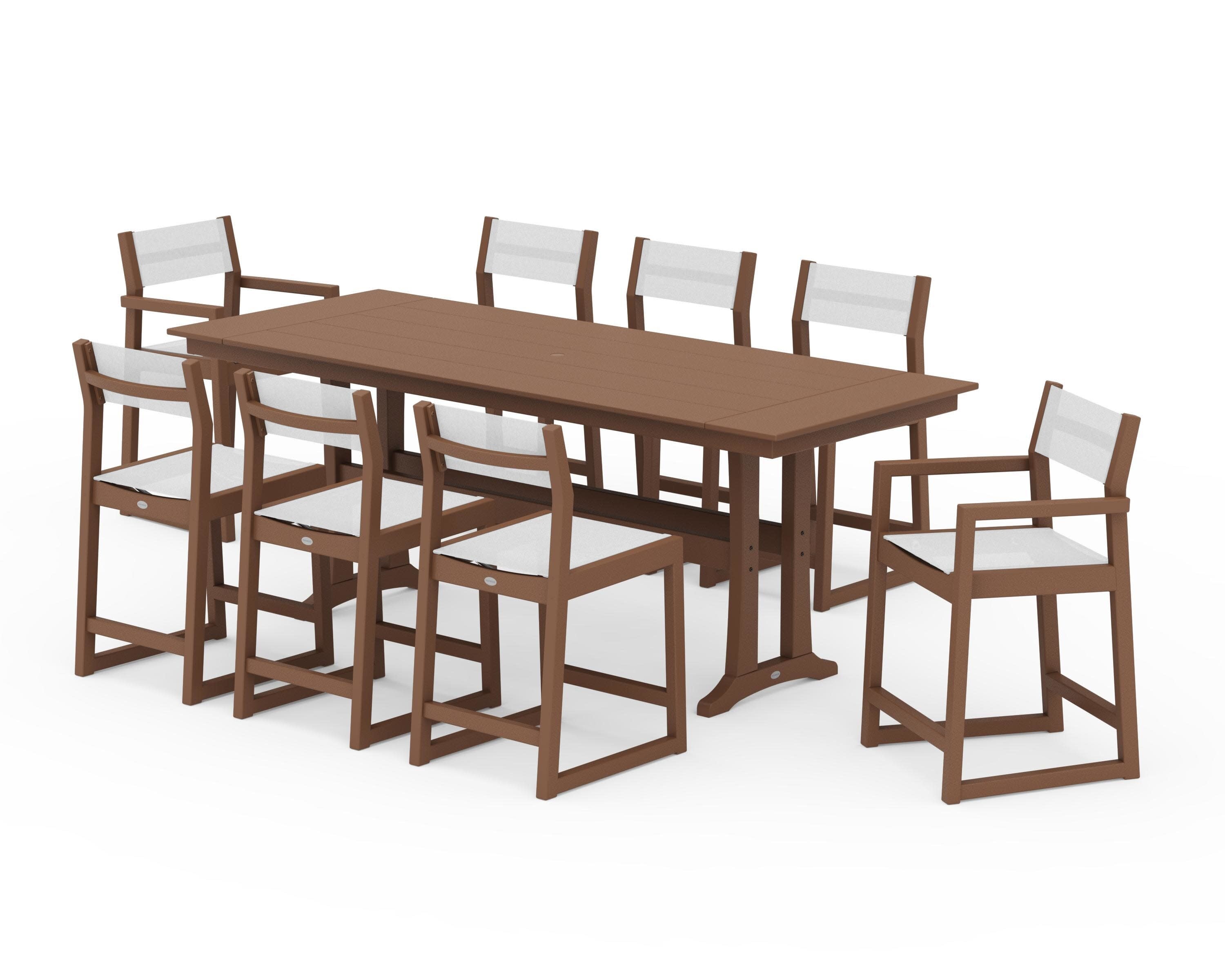EDGE Sling 9-Piece Farmhouse Counter Set with Trestle Legs in Teak / White Sling