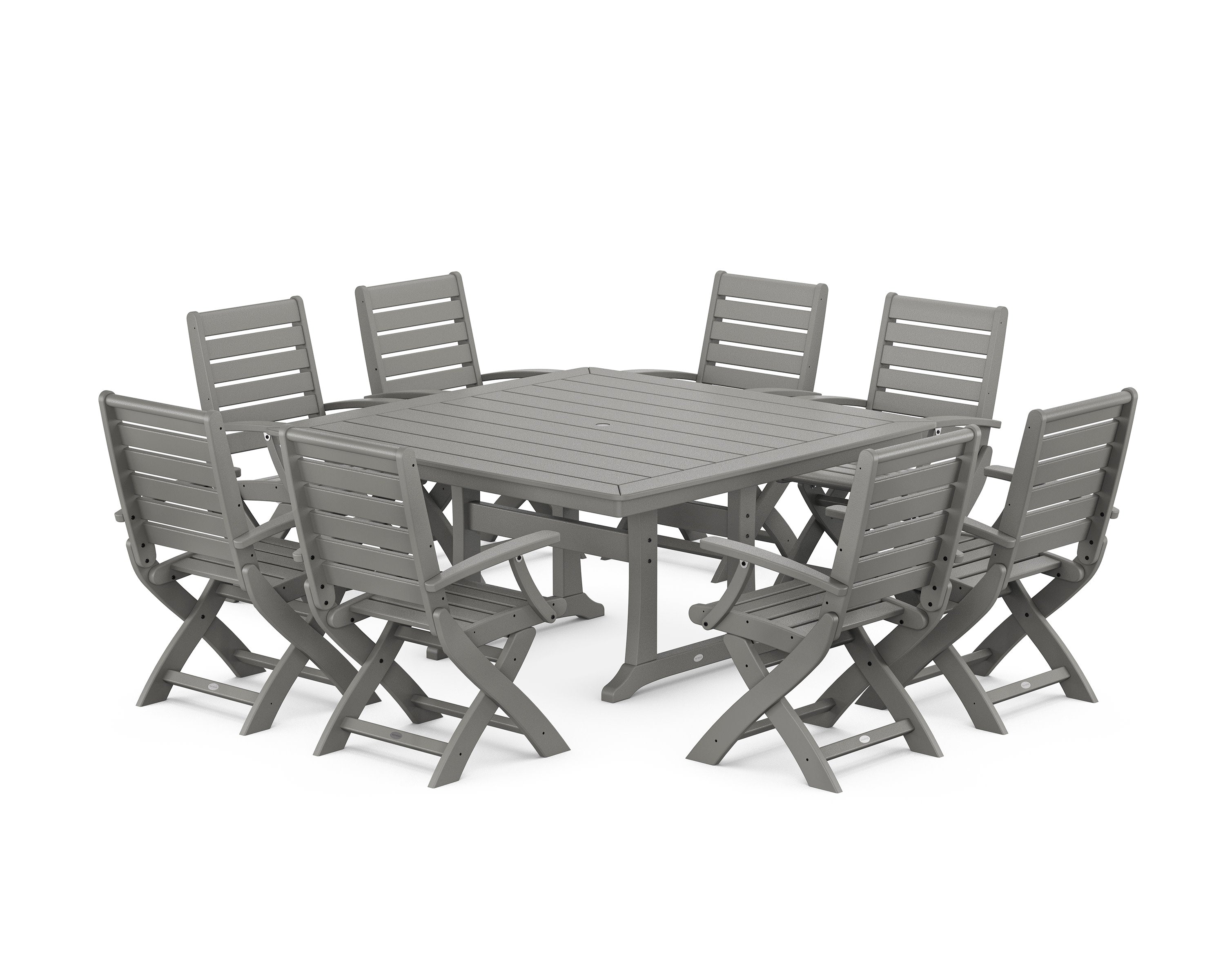 Signature Folding Chair 9-Piece Square Dining Set with Trestle Legs in Slate Grey
