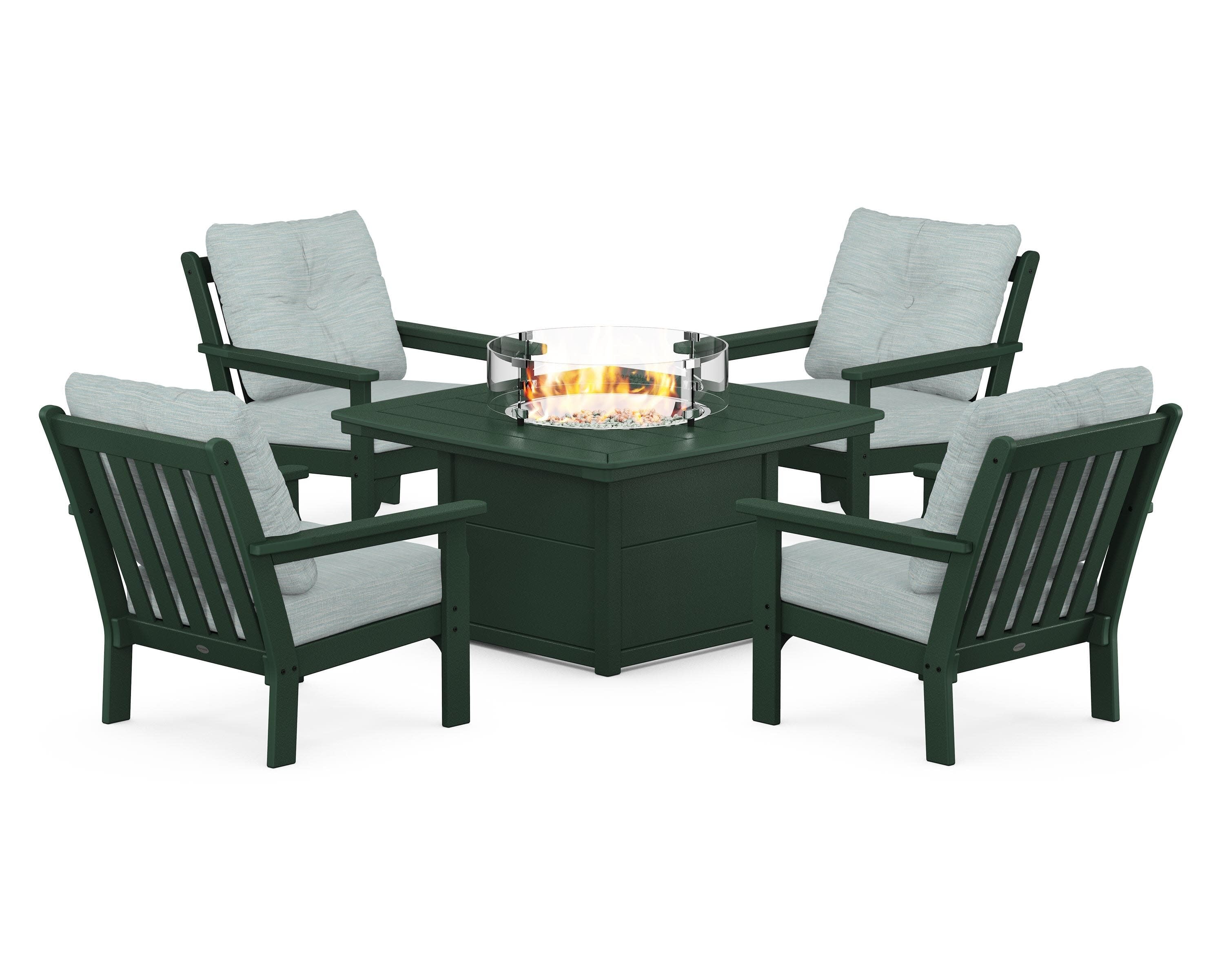 Vineyard 5-Piece Conversation Set with Fire Pit Table in Green / Soothe Mist