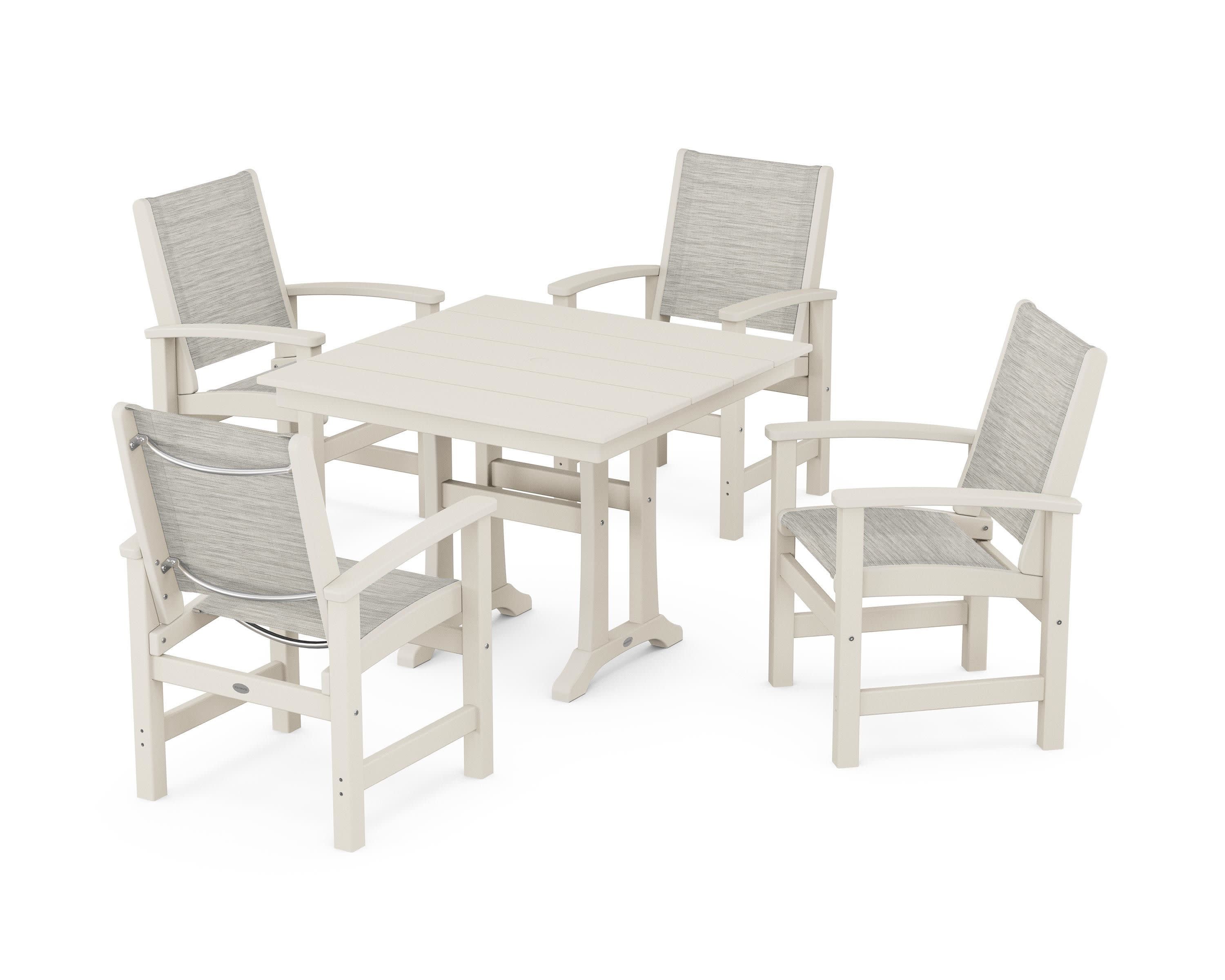 Coastal 5-Piece Farmhouse Dining Set With Trestle Legs in Sand / Birch Sling