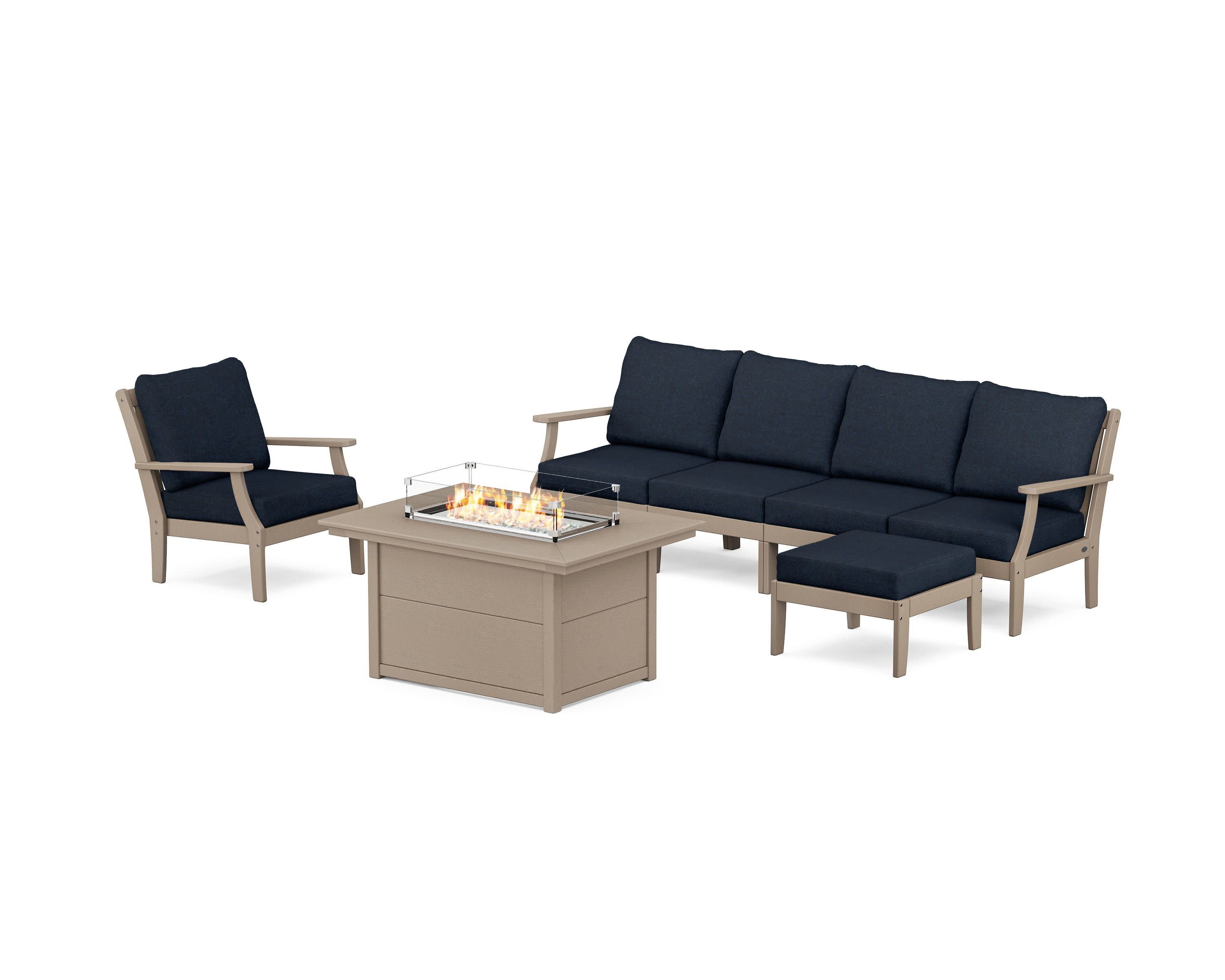 Braxton Sectional Lounge and Fire Pit Set in Vintage Sahara / Marine Indigo