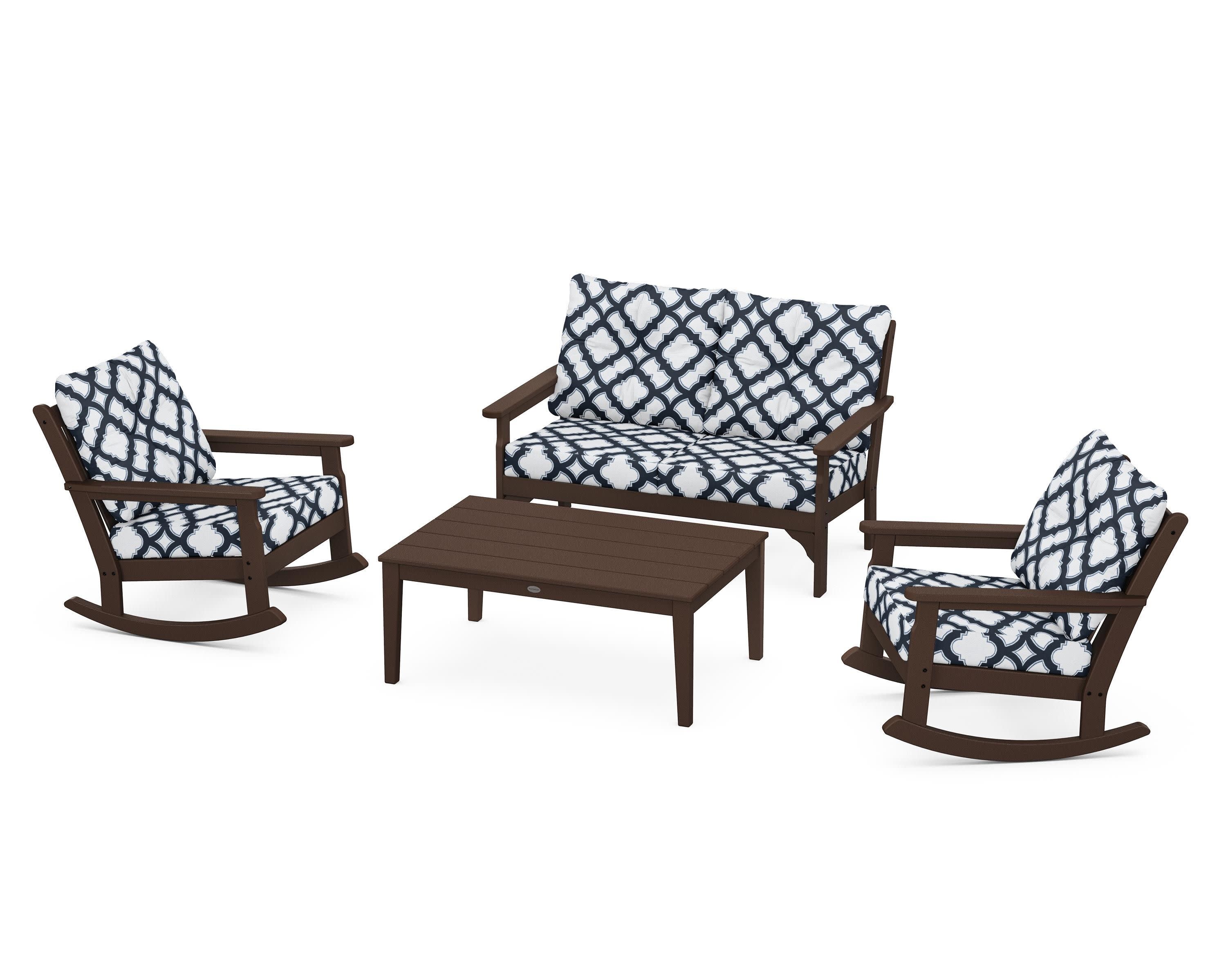 Vineyard 4-Piece Deep Seating Rocking Chair Set in Mahogany / Trellis Marine Indigo