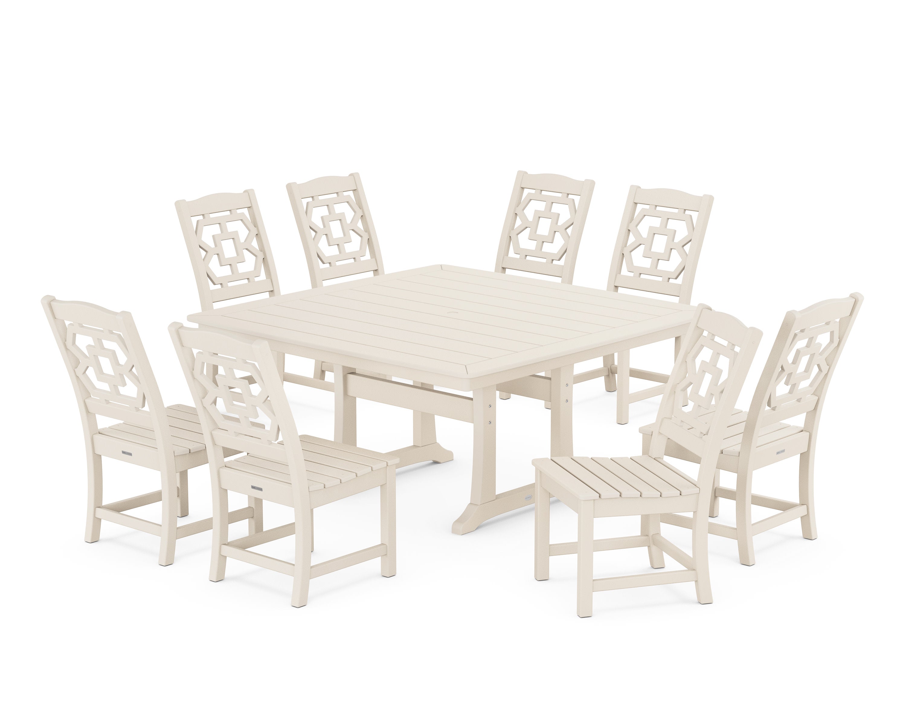 Chinoiserie 9-Piece Square Side Chair Dining Set with Trestle Legs in Sand