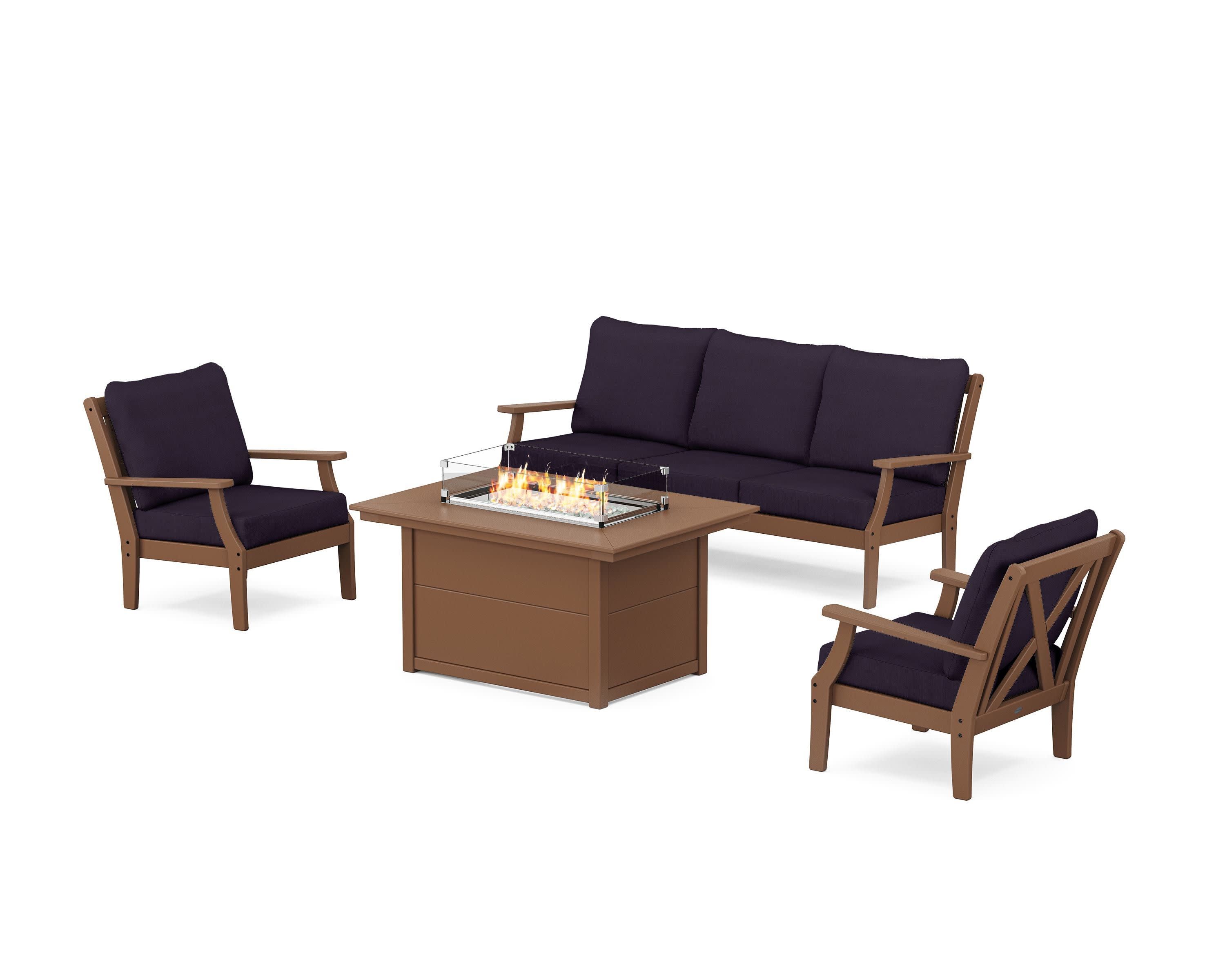 Braxton Deep Seating Fire Pit Table Set in Teak / Navy Linen