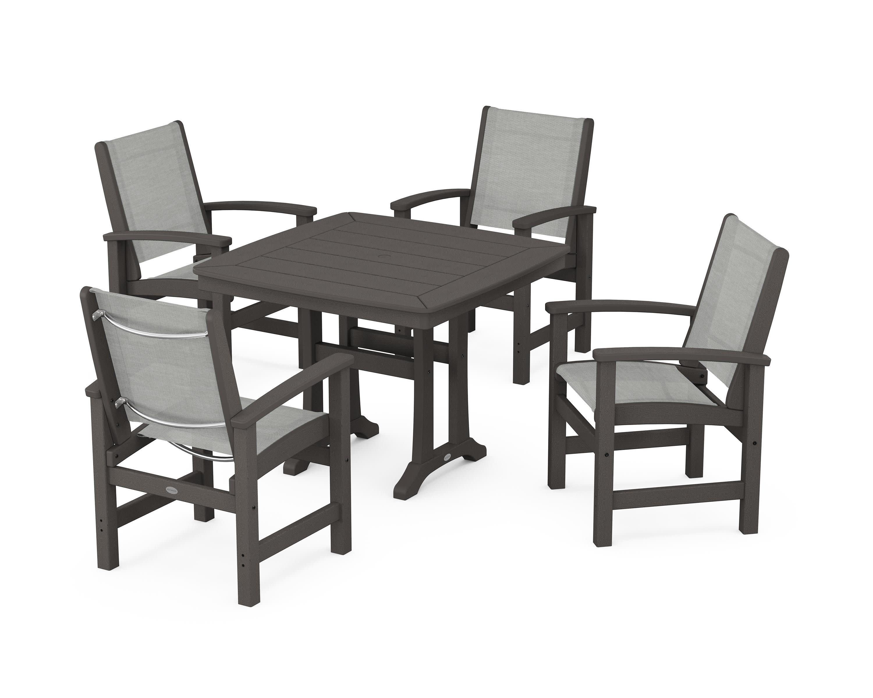 Coastal 5-Piece Dining Set with Trestle Legs in Vintage Coffee / Metallic Sling