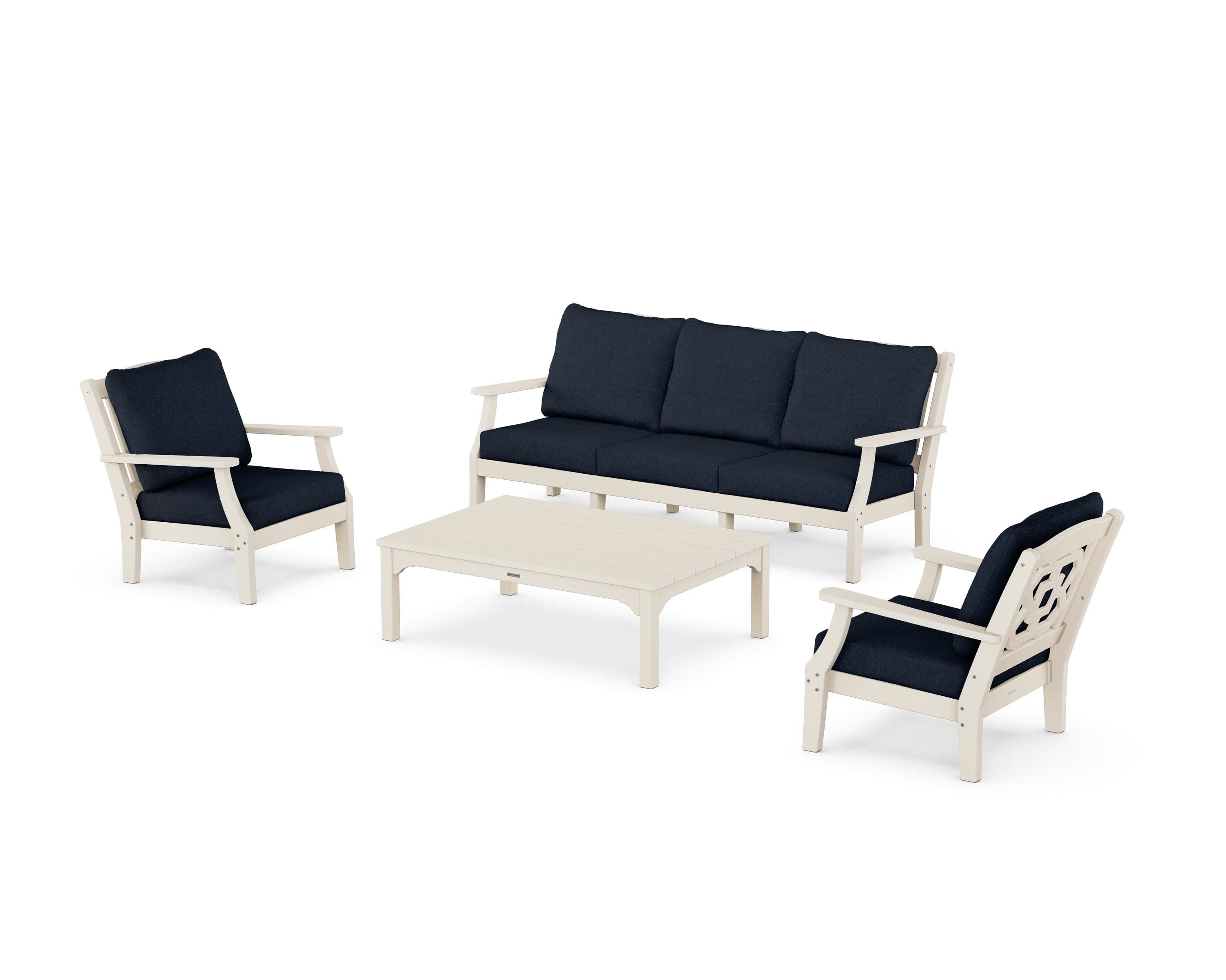 Chinoiserie 4-Piece Deep Seating Set with Sofa in Sand / Marine Indigo