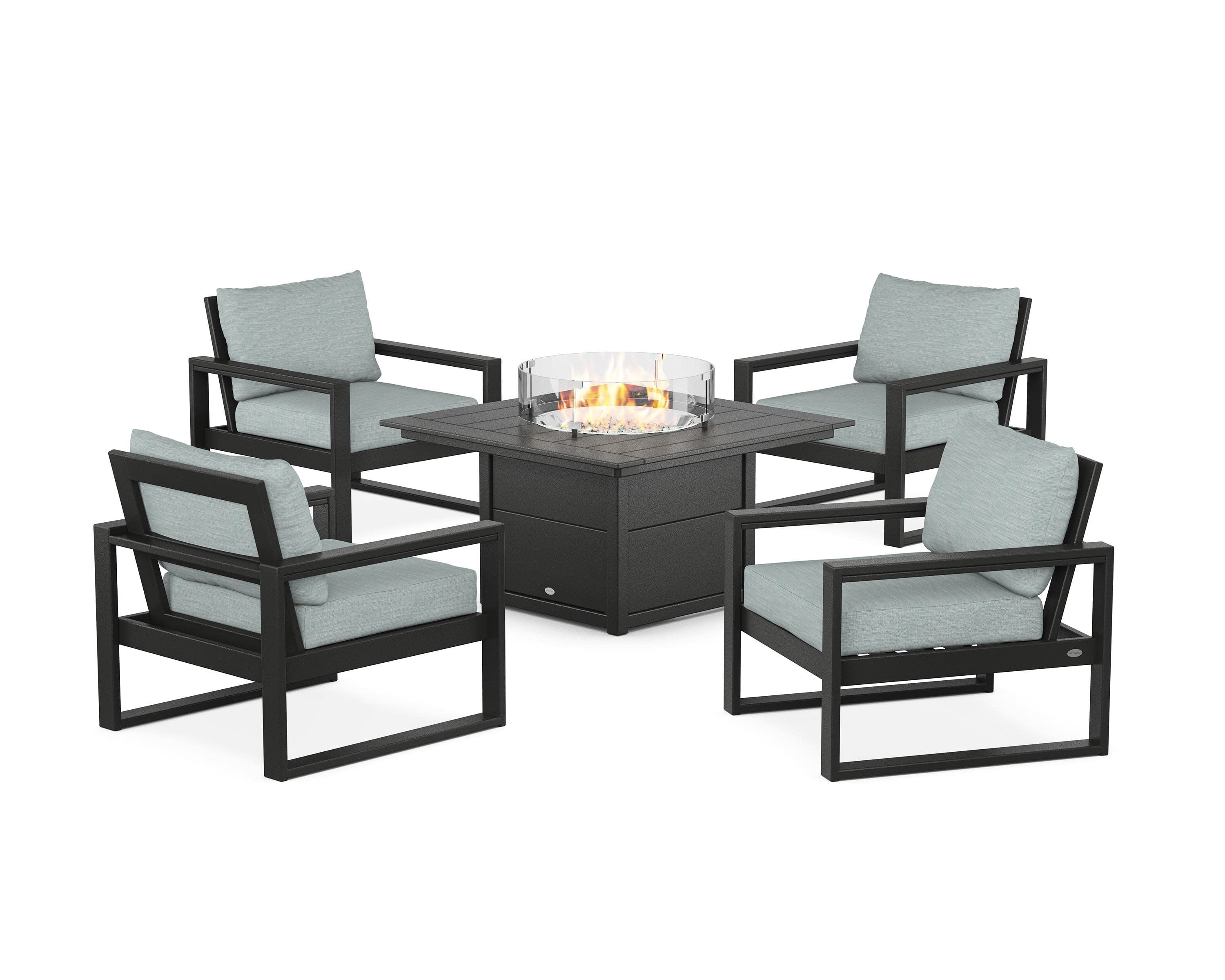 EDGE Sectional 5-Piece Deep Seating Set with Fire Pit Table in Black / Soothe Mist