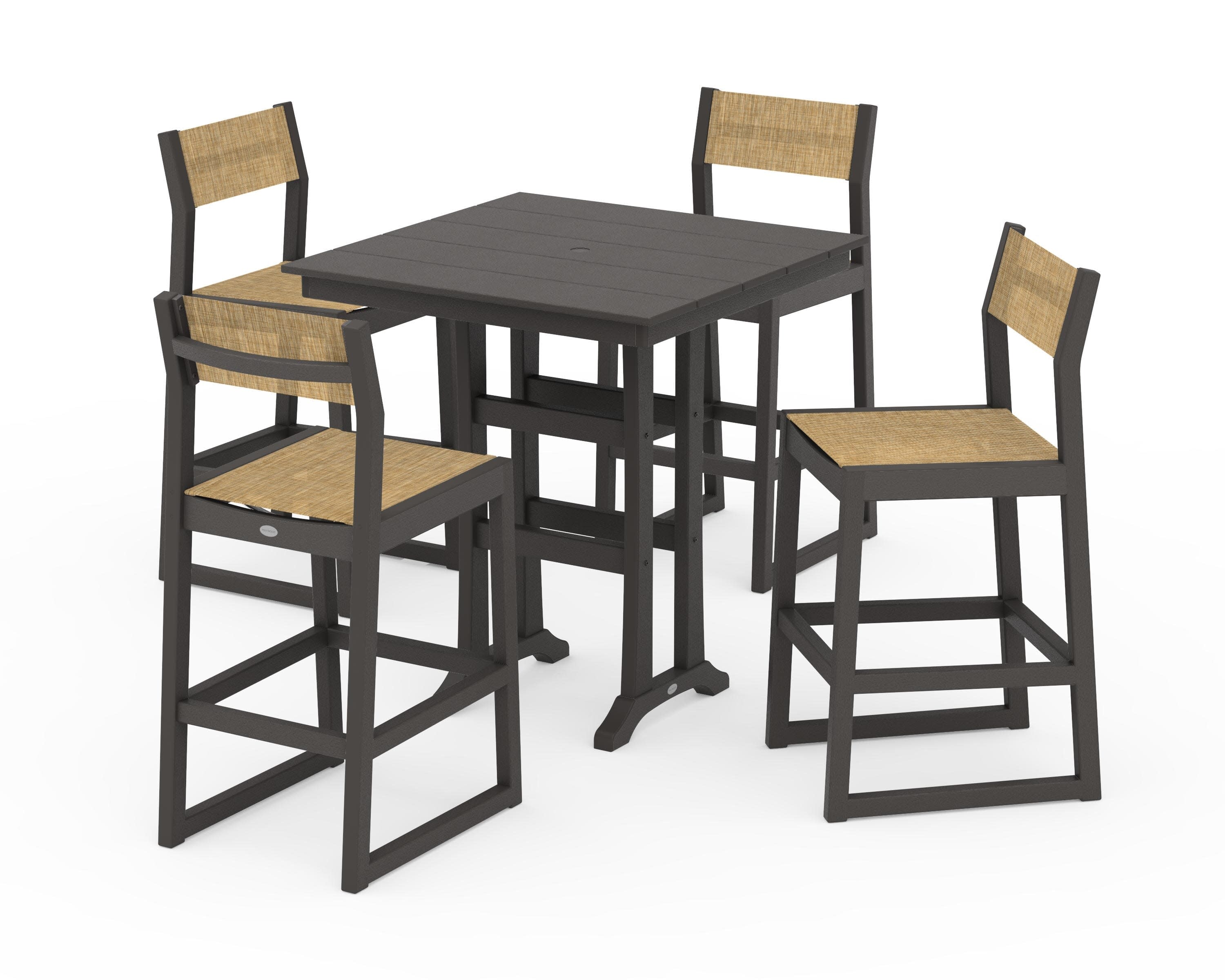 EDGE Sling Arm Chair 5-Piece Farmhouse Bar Set with Trestle Legs in Vintage Coffee / Burlap Sling