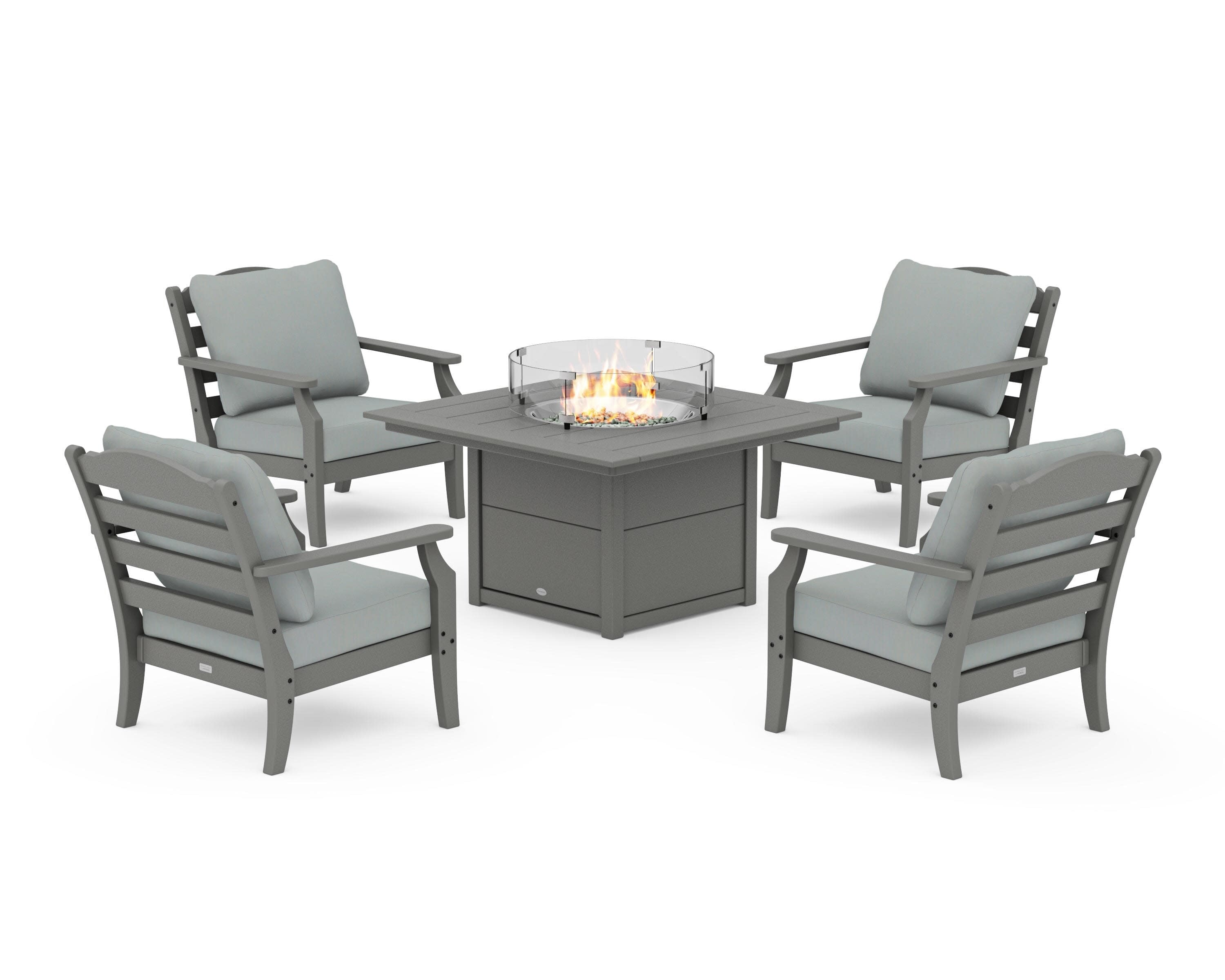 Savannah 5-Piece Deep Seating Set with Fire Pit Table in Slate Grey / Spa
