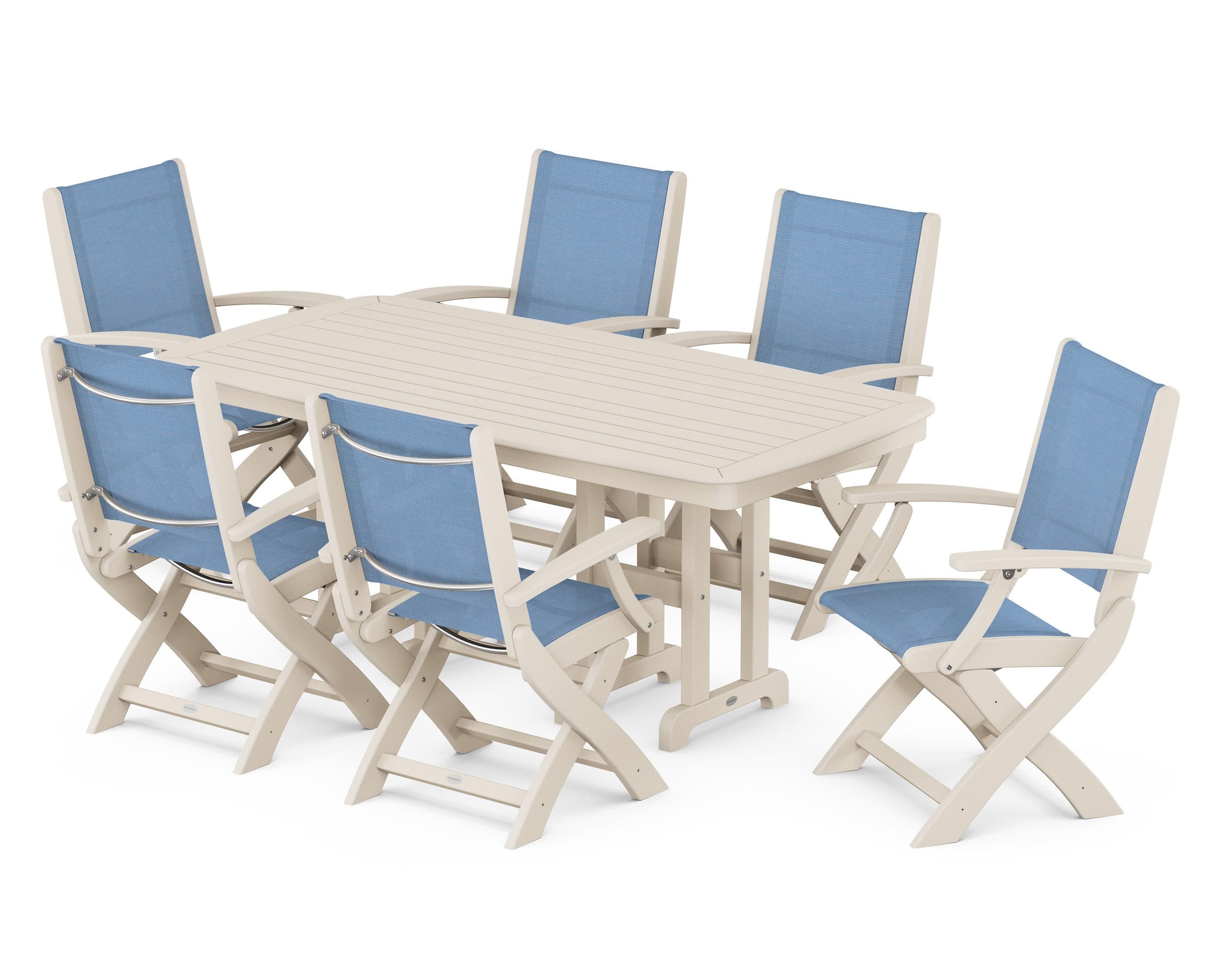 Coastal Folding Arm Chair 7-Piece Dining Set in Sand / Poolside Sling