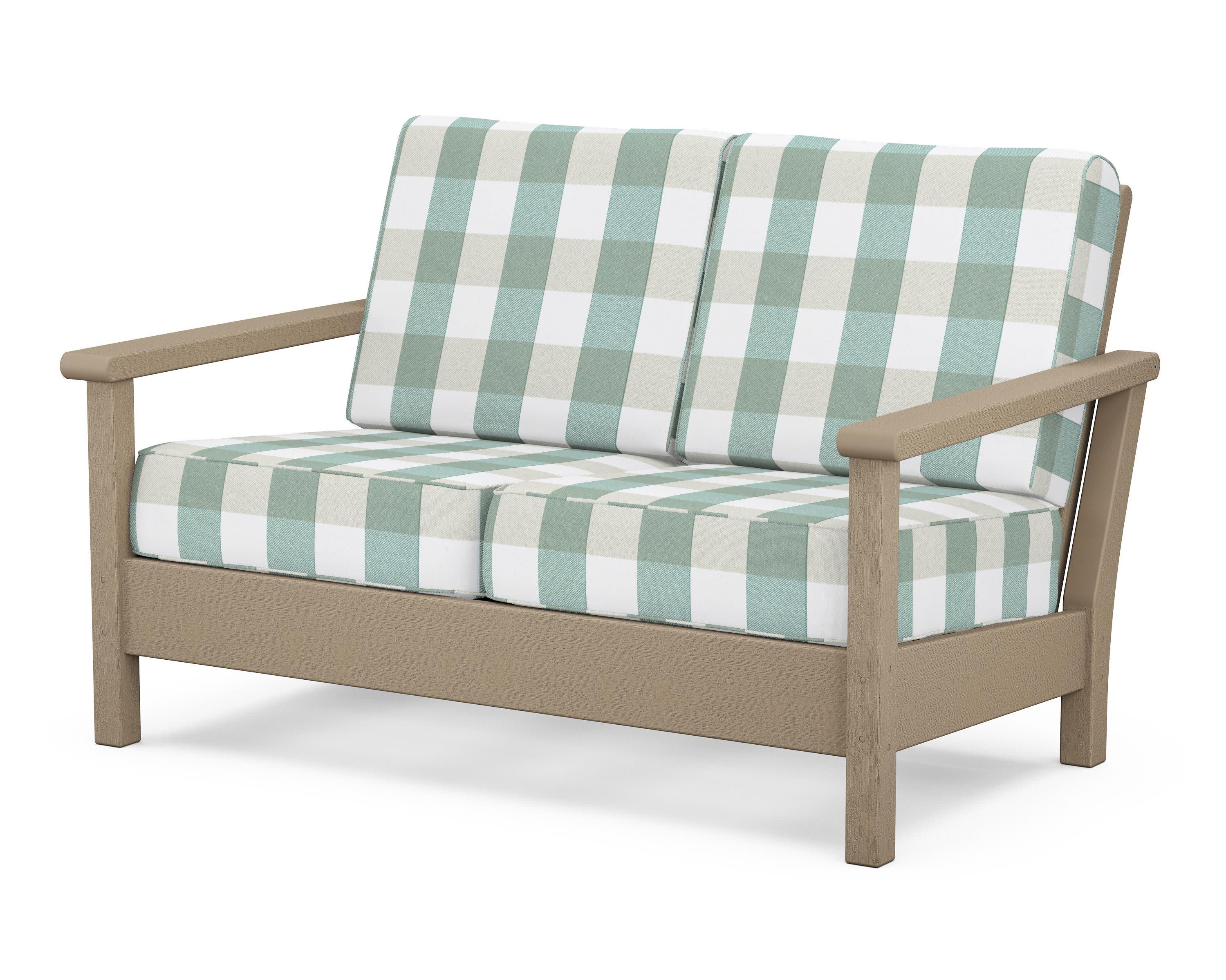 Harbour Deep Seating Loveseat in Vintage Sahara / Buffalo Plaid Glacier Spa