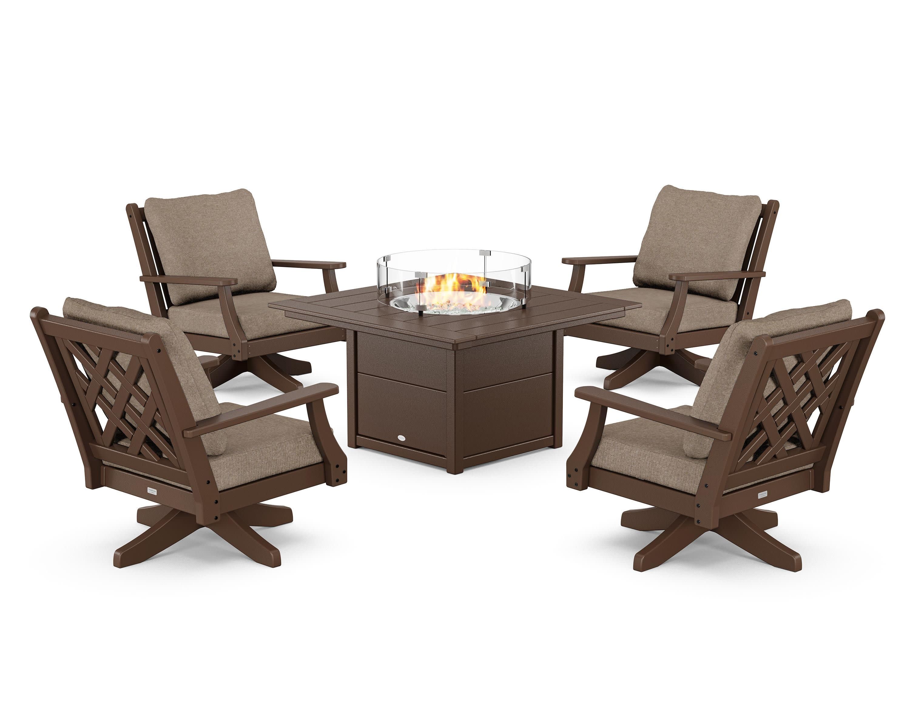 Wovendale 5-Piece Deep Seating Swivel Conversation Set with Fire Pit Table in Mahogany / Spiced Burlap