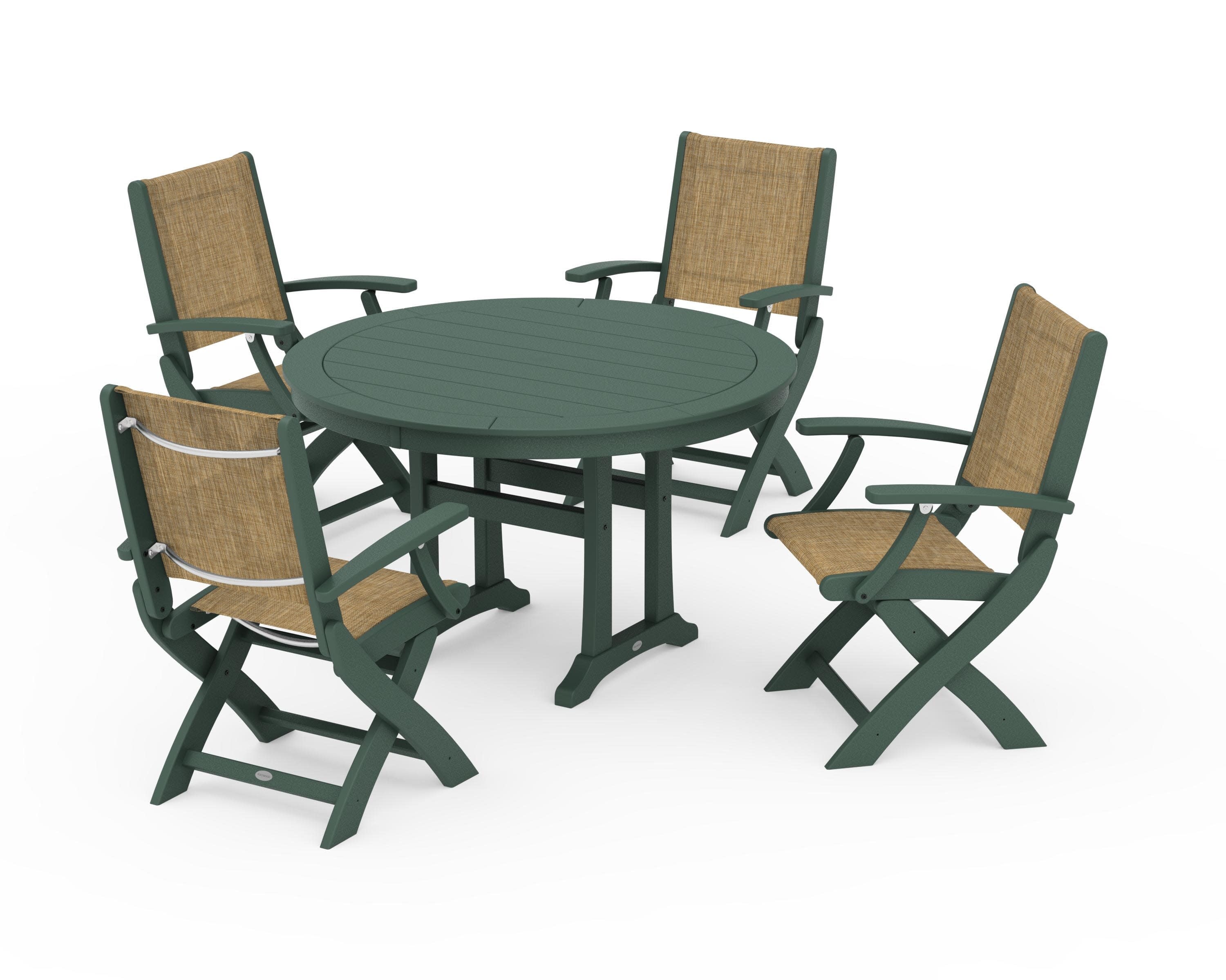 Coastal Folding Chair 5-Piece Round Dining Set with Trestle Legs in Green / Burlap Sling