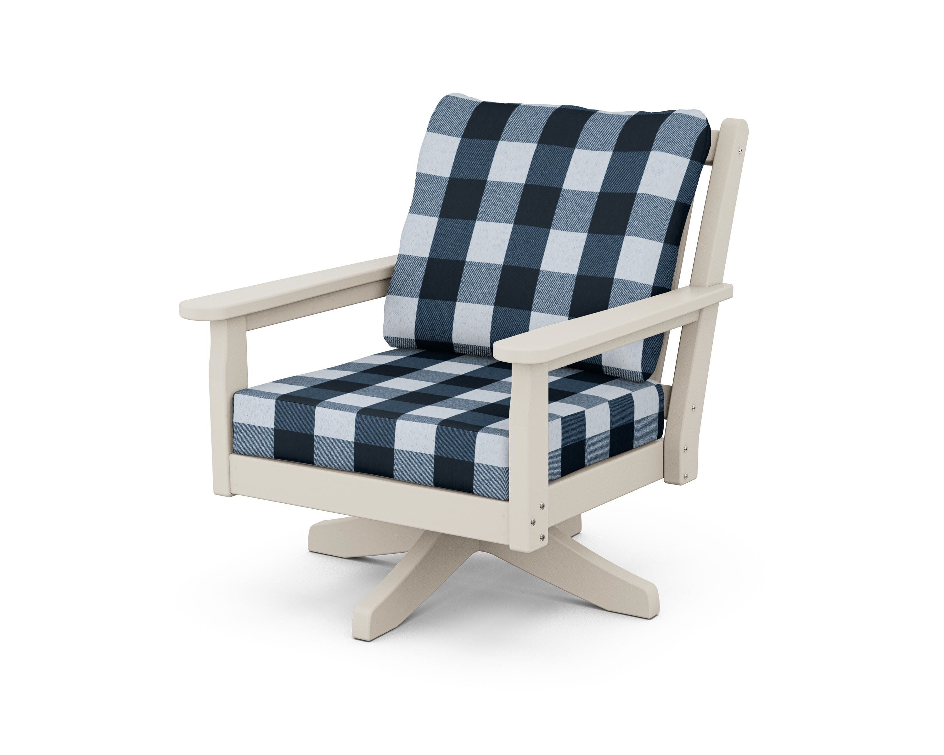 Chippendale Deep Seating Swivel Chair in Sand / Buffalo Plaid Marine Indigo