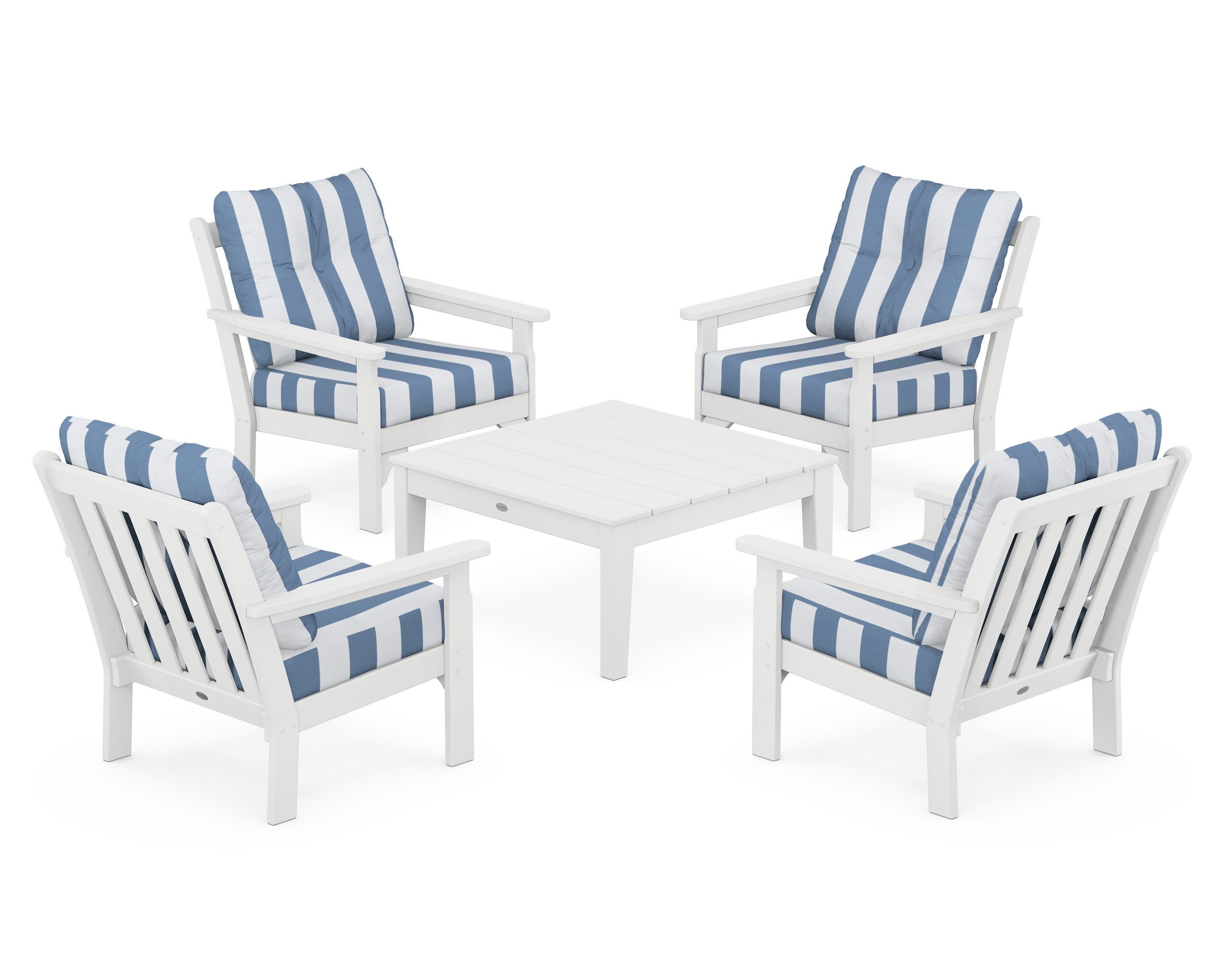 Vineyard 5-Piece Deep Seating Conversation Set in White / Cabana Stripe Sky Blue