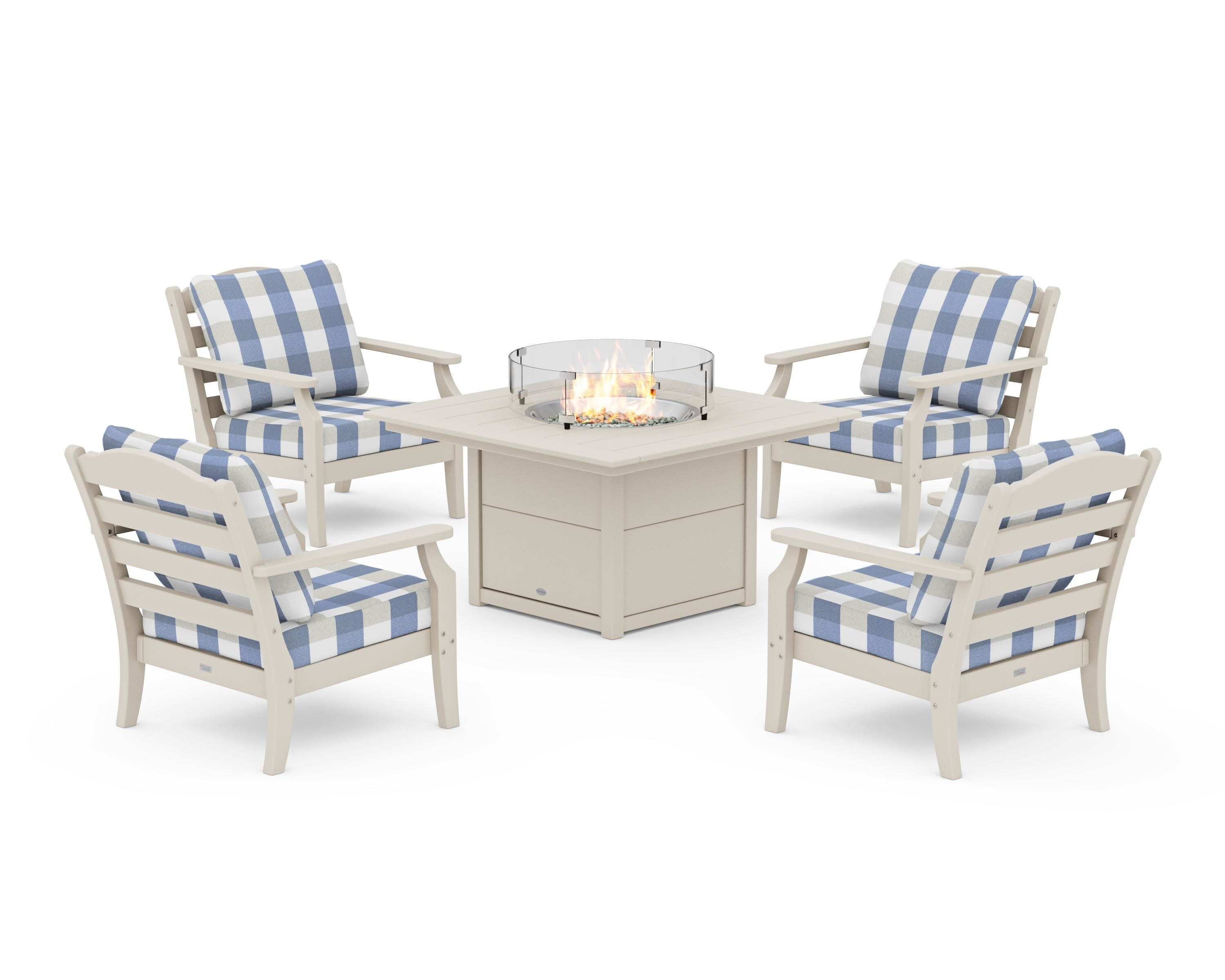 Savannah 5-Piece Deep Seating Set with Fire Pit Table in Sand / Buffalo Plaid Sky Blue