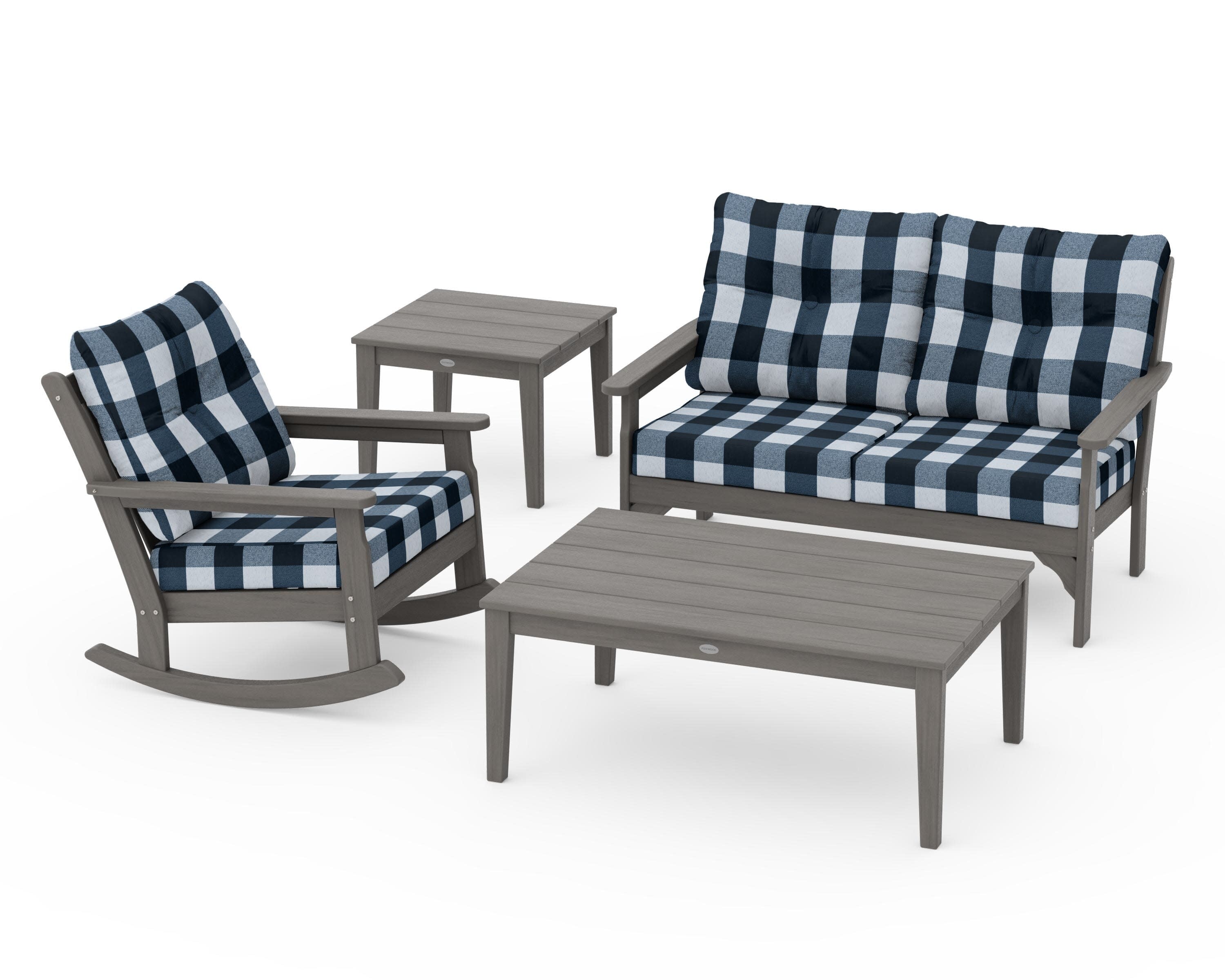 Vineyard 4-Piece Deep Seating Rocker Set in Driftwood / Buffalo Plaid Marine Indigo