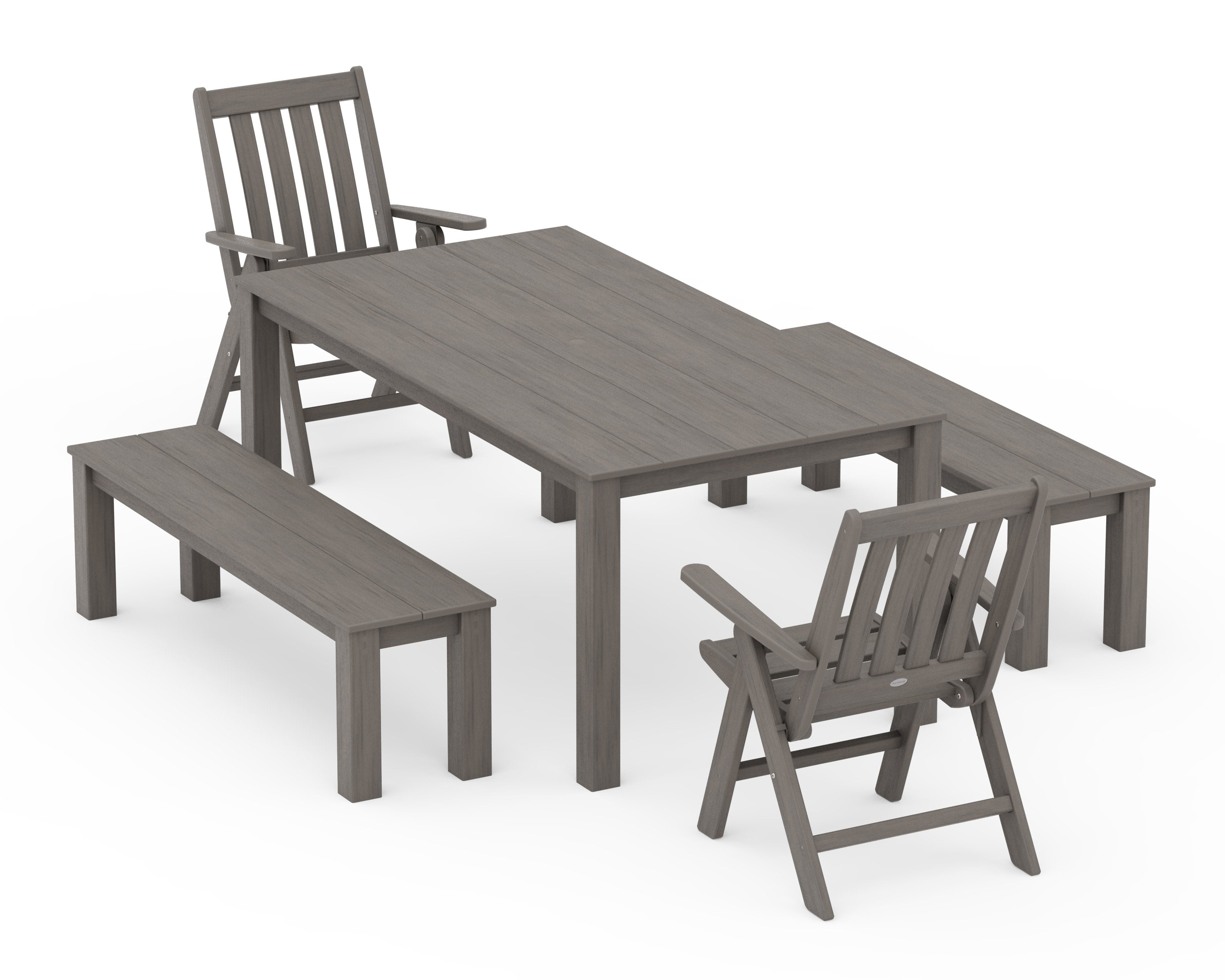Vineyard Folding Chair 5-Piece Parsons Dining Set with Benches in Driftwood