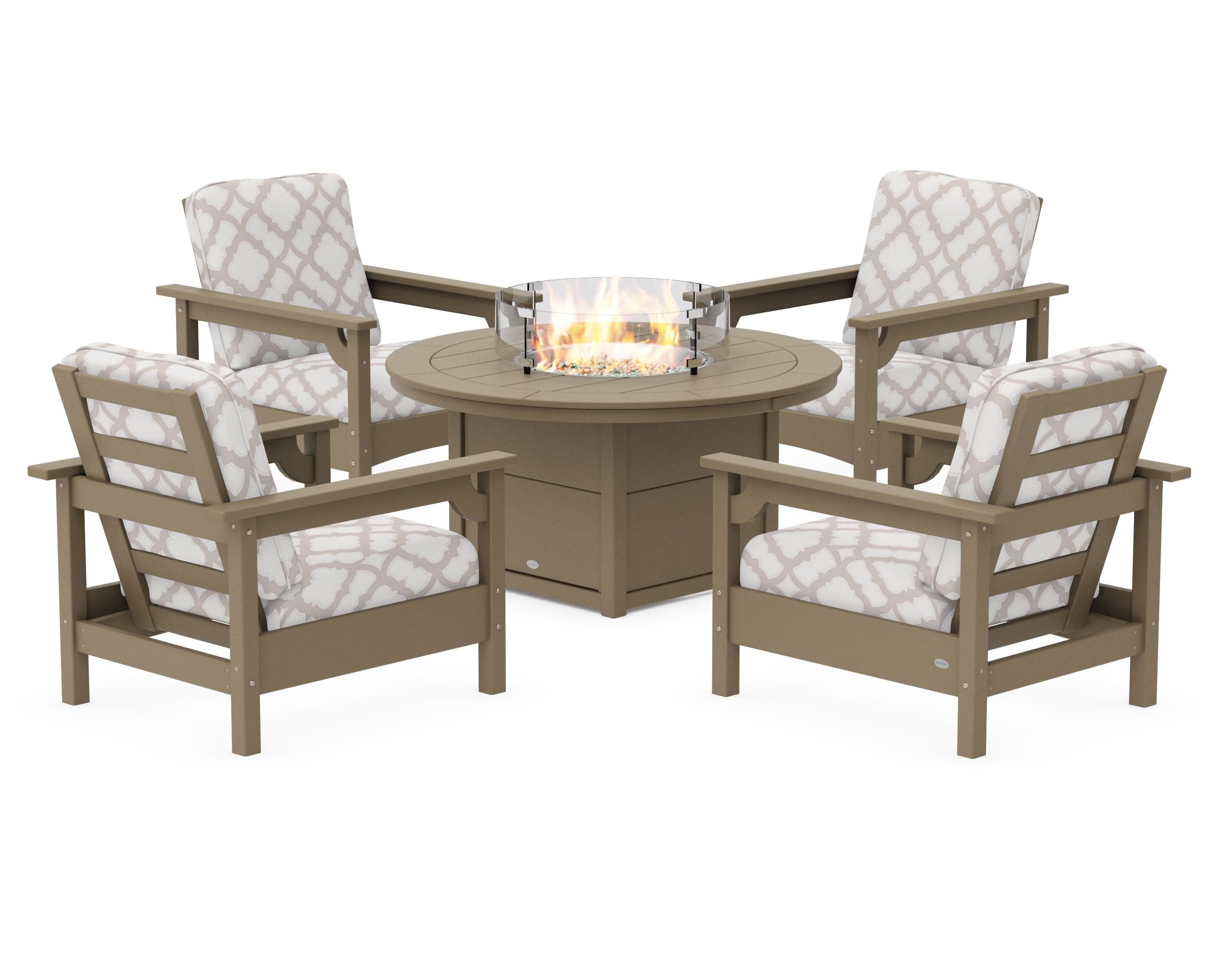 Club 5-Piece Conversation Set with Fire Pit Table in Vintage Sahara / Trellis Dune Burlap