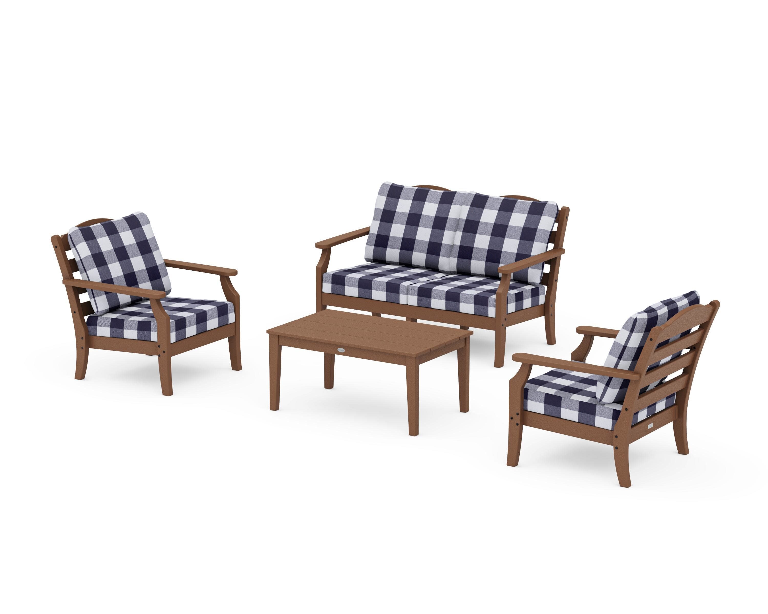 Savannah 4-Piece Deep Seating Set with Loveseat in Teak / Buffalo Plaid Navy