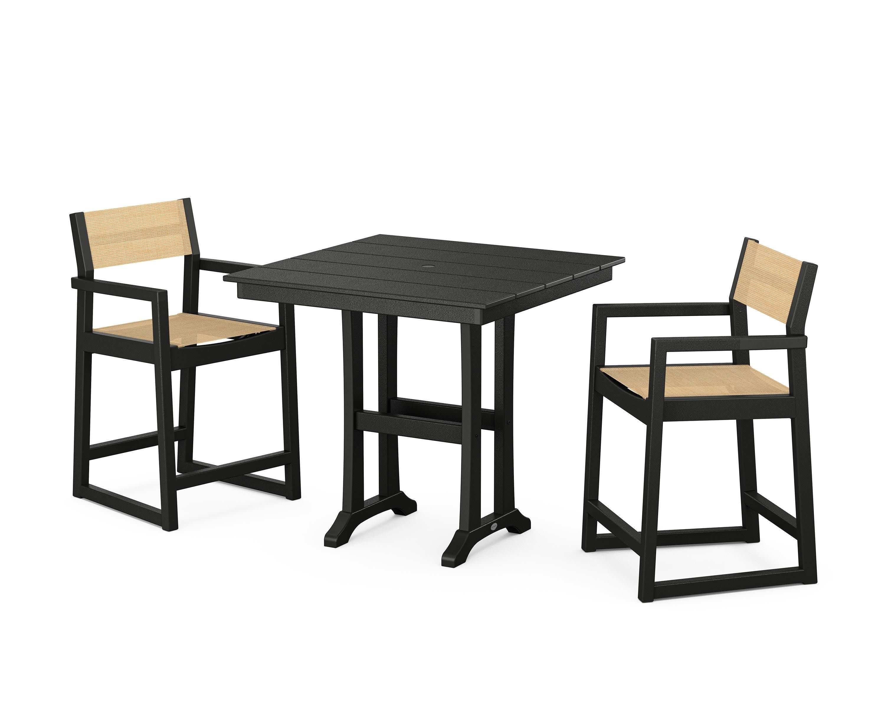 EDGE Sling Arm Chair 3-Piece Farmhouse Counter Set with Trestle Legs in Black / Dupioni Apricot Sling