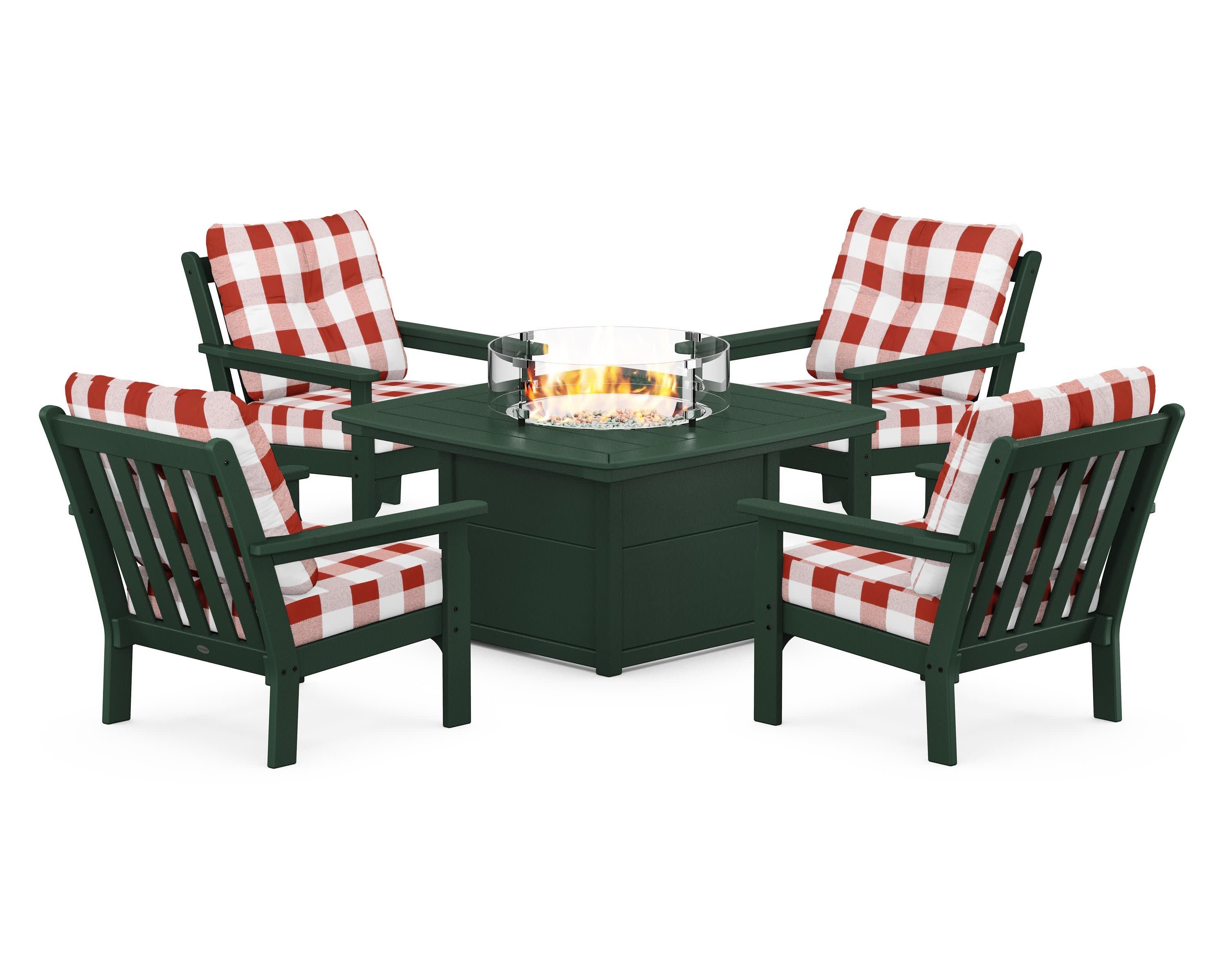 Vineyard 5-Piece Conversation Set with Fire Pit Table in Green / Buffalo Plaid Crimson