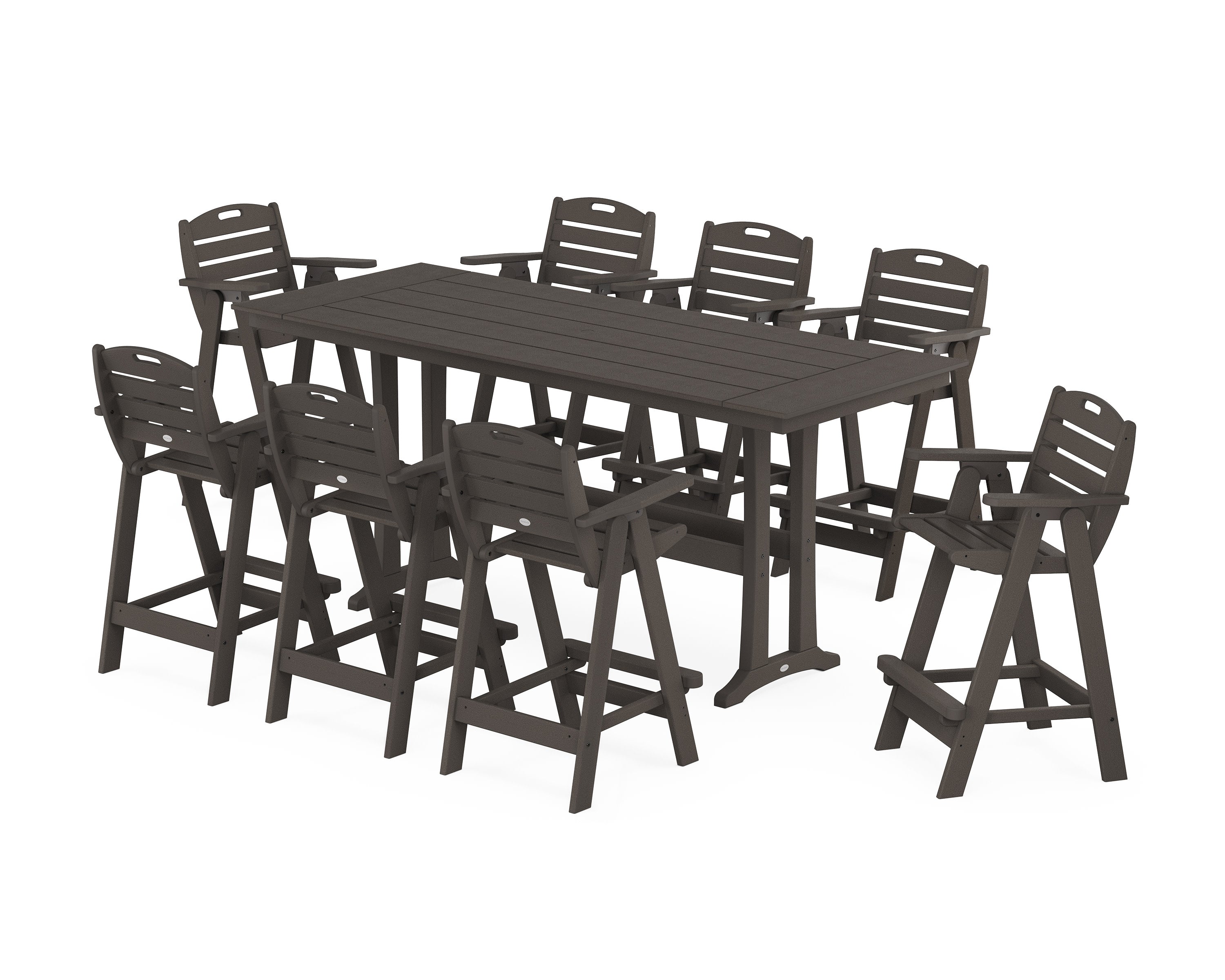 Nautical 9-Piece Farmhouse Bar Set with Trestle Legs in Vintage Coffee
