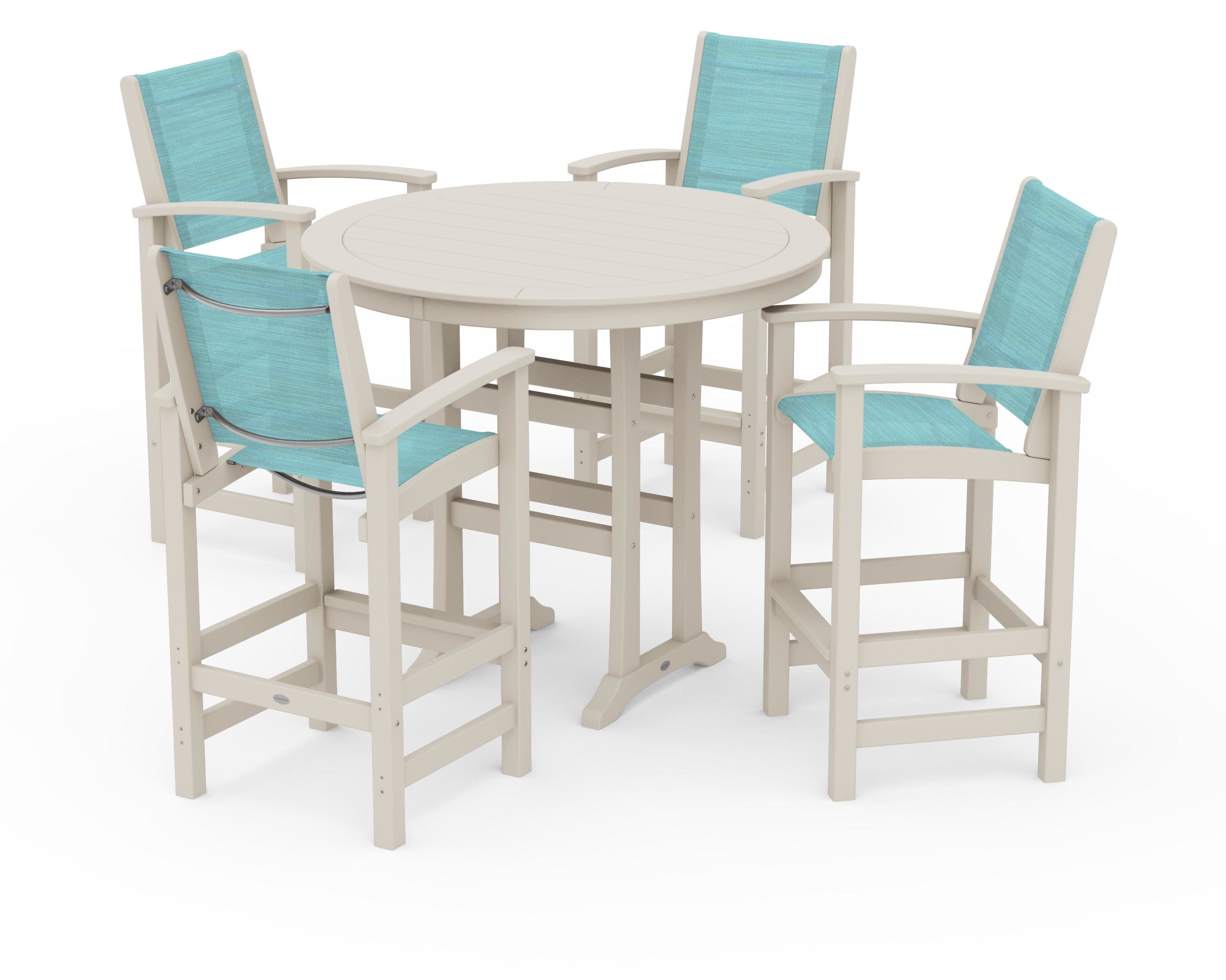 Coastal 5-Piece Nautical Trestle Bar Set in Sand / Dupioni Aquamarine Sling