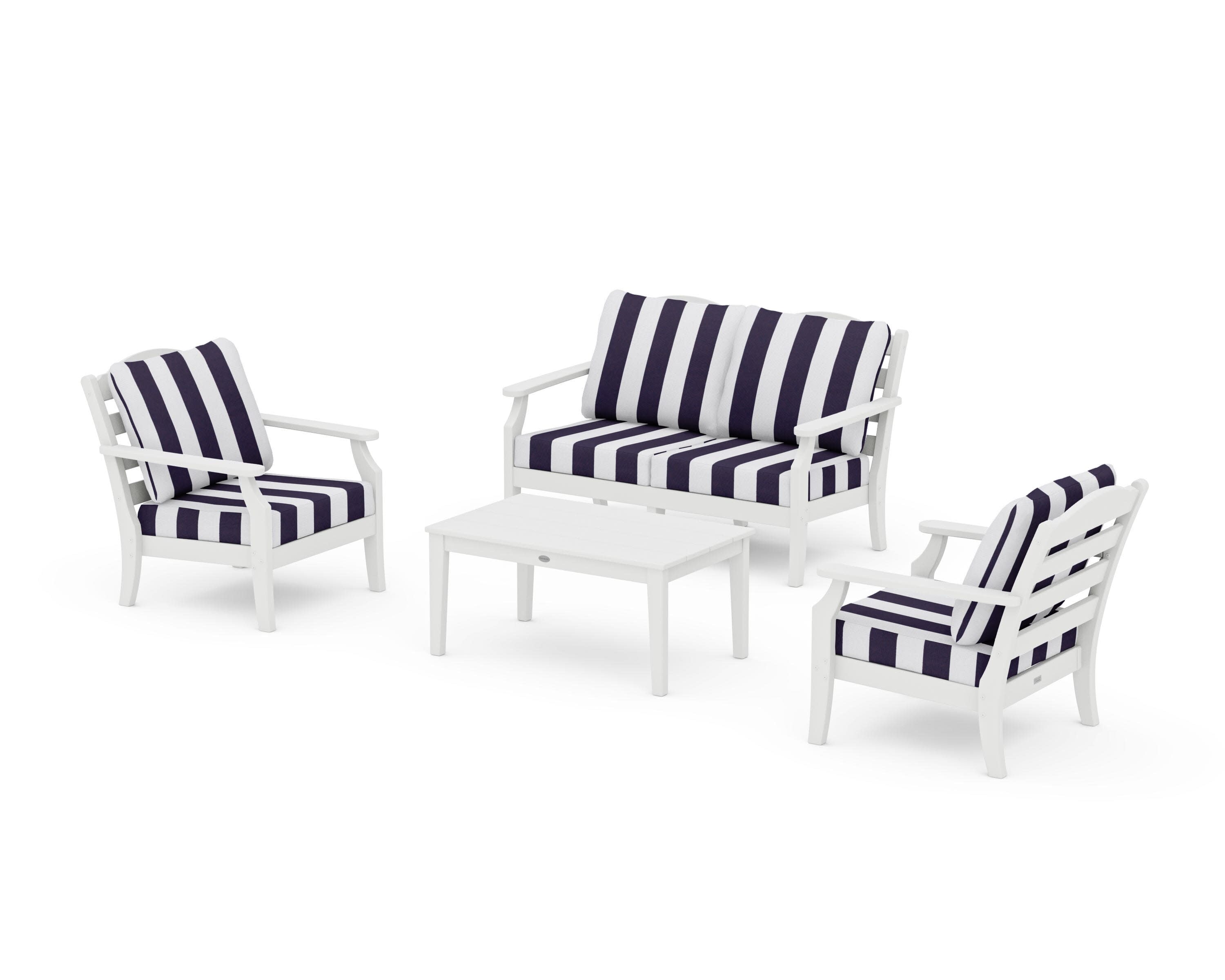 Savannah 4-Piece Deep Seating Set with Loveseat in White / Cabana Stripe Navy