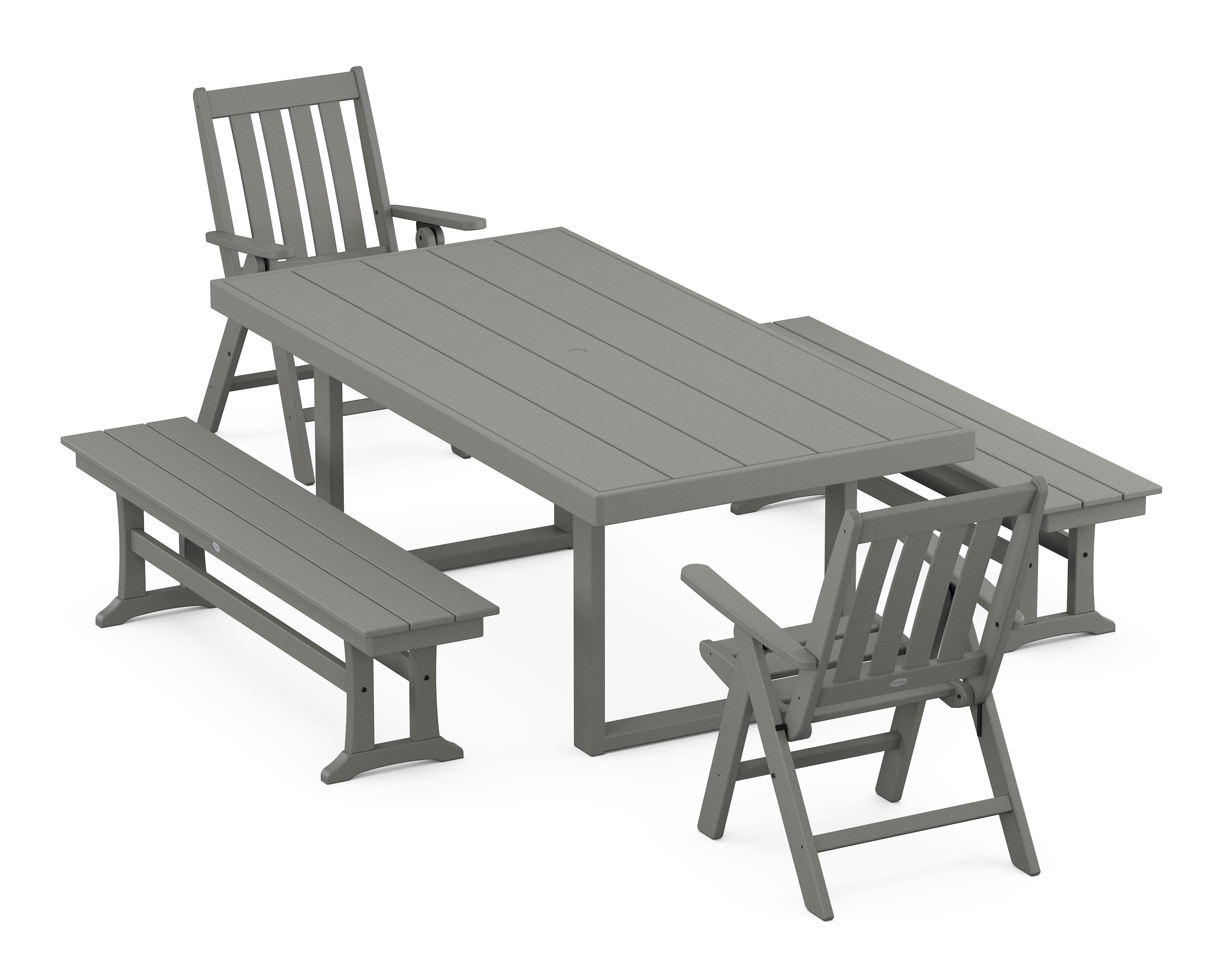 Vineyard Folding Chair 5-Piece Dining Set with Benches in Slate Grey