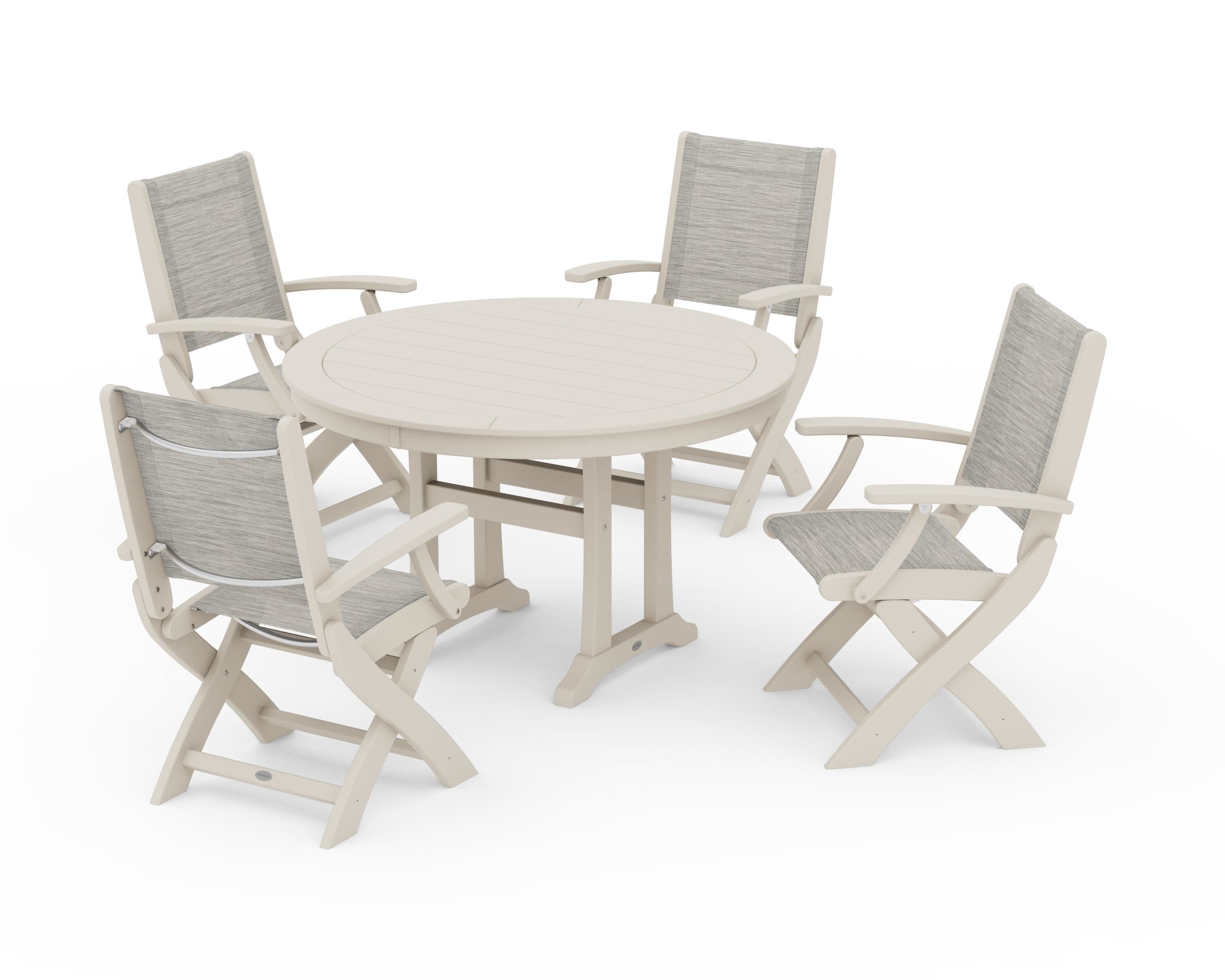 Coastal Folding Chair 5-Piece Round Dining Set with Trestle Legs in Sand / Birch Sling